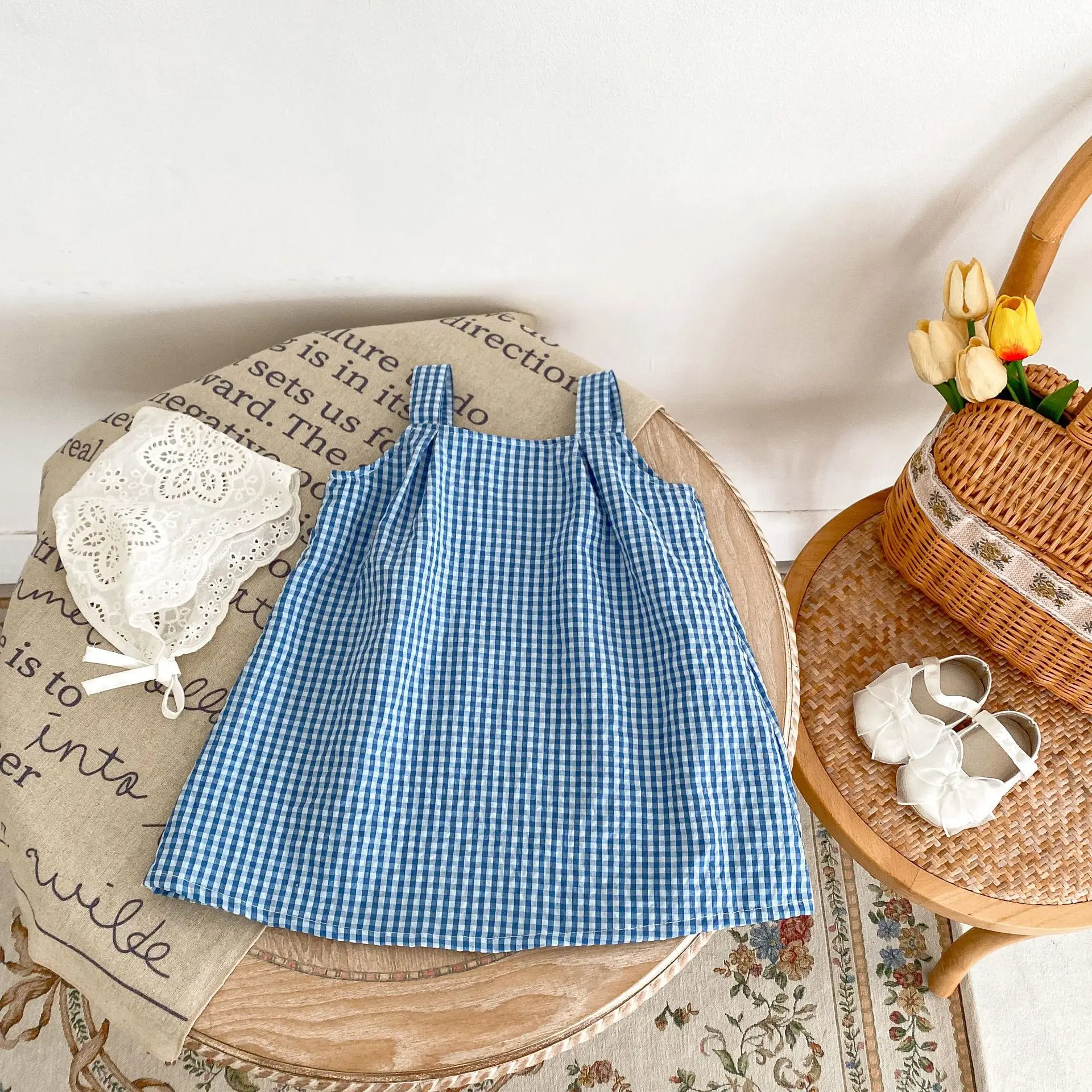 Summer new 0-3 year old baby clothing, cute baby girl dress, exquisite checkered rabbit doll dress