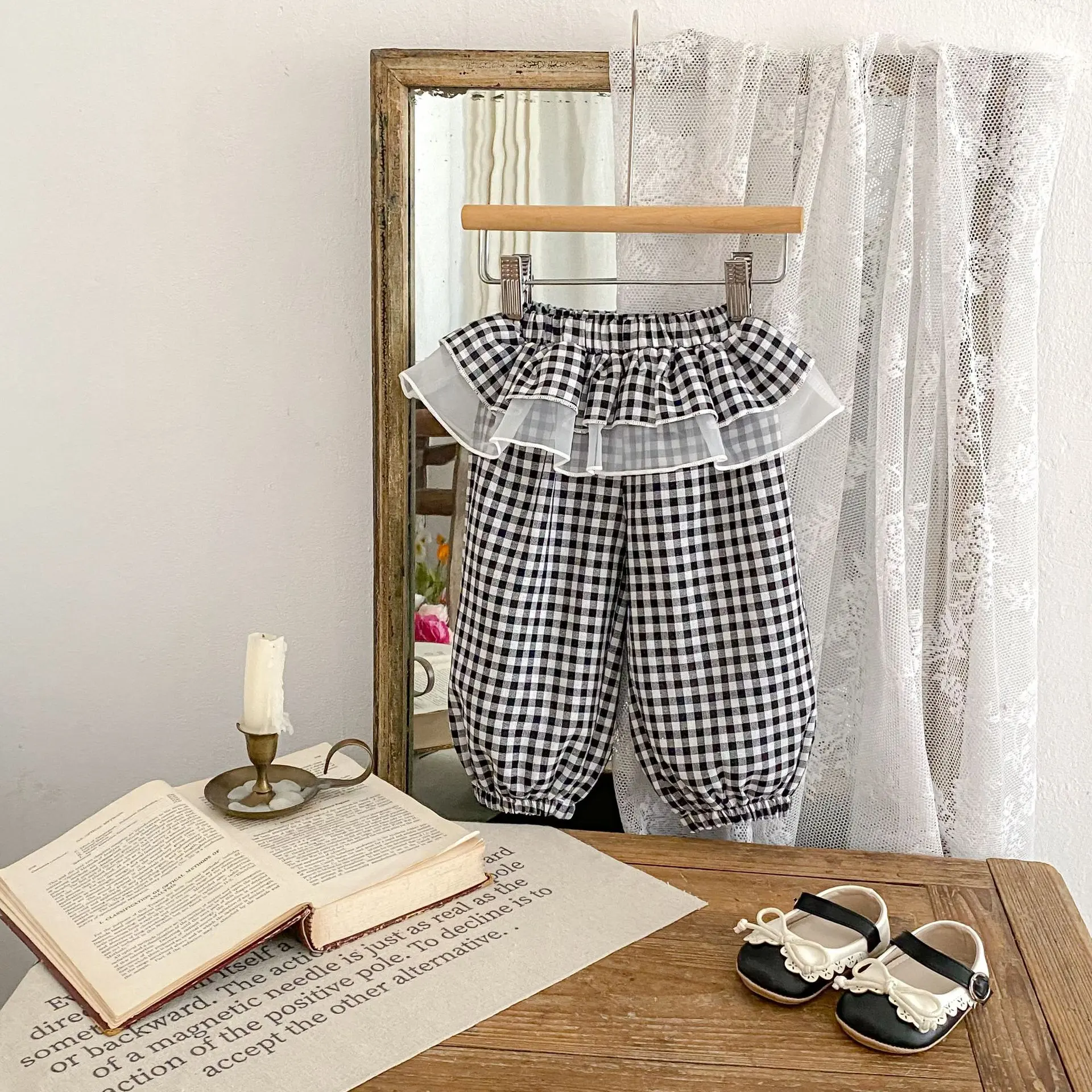 Summer new style baby clothes for 0-3 years old, cute and exquisite baby girl lace plaid pants, anti-mosquito pants