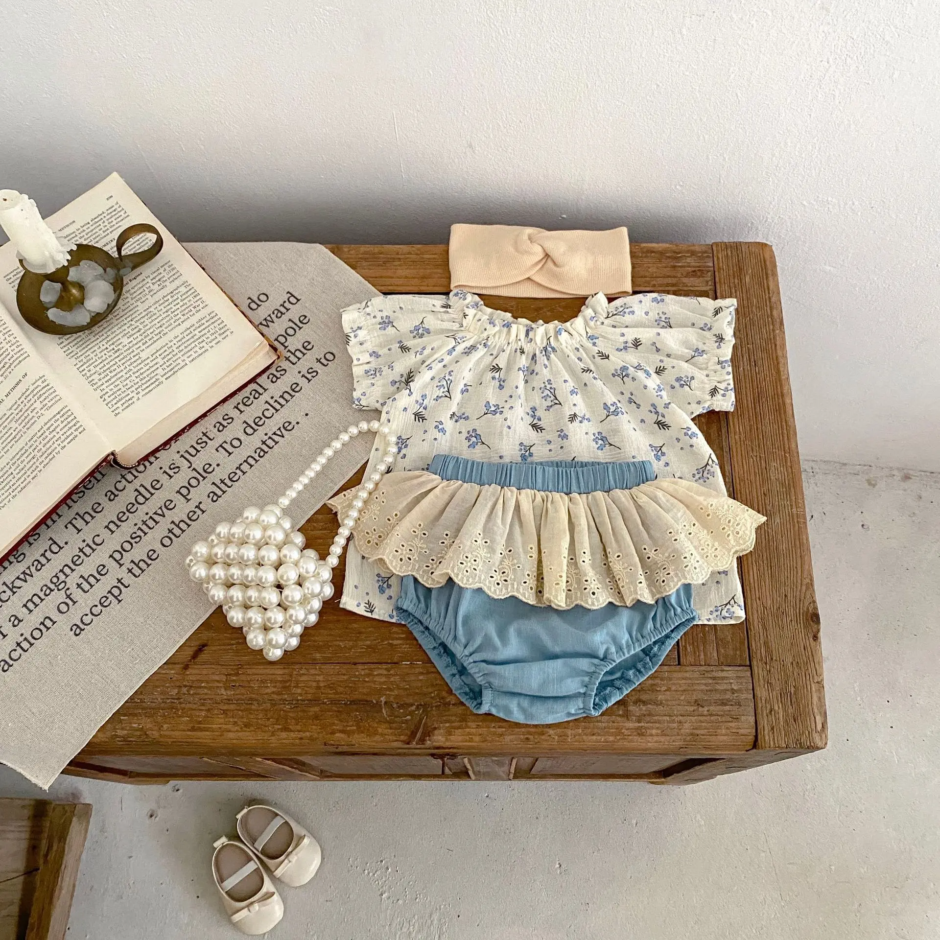 Summer new baby clothes for 0-3 years old, exquisite floral short-sleeved top for girls + fashionable lace shorts