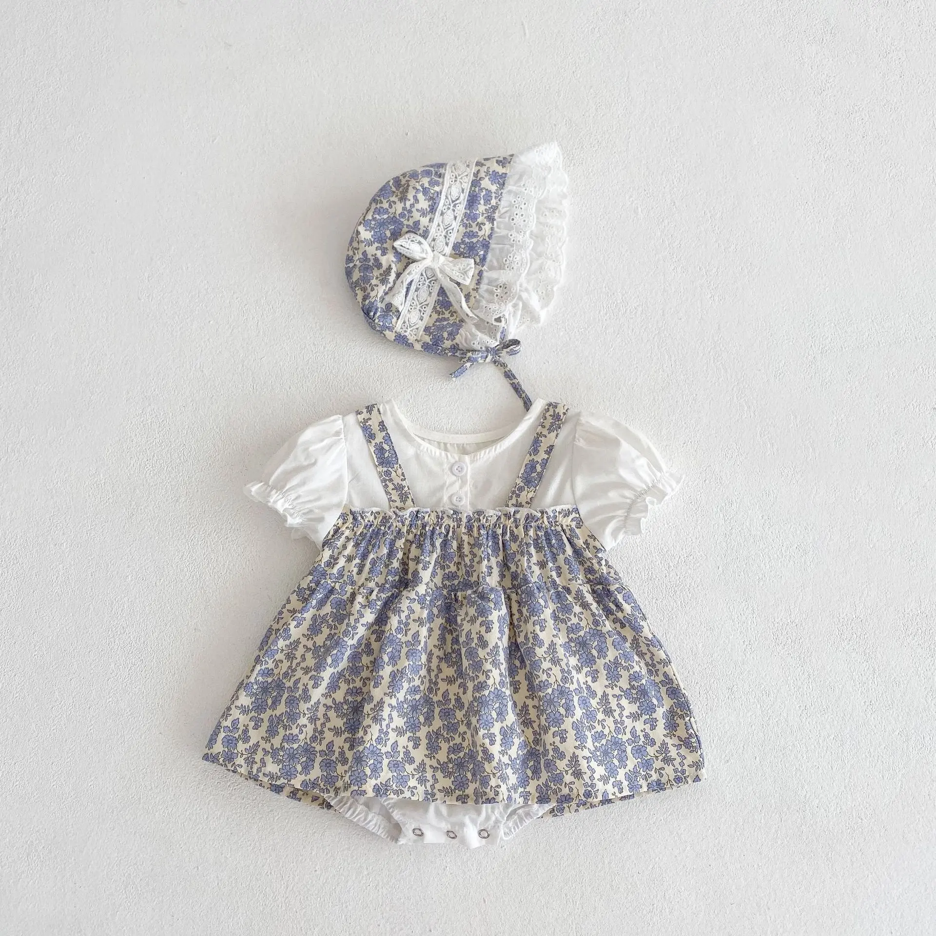 Summer new 0-3 year old baby clothing, girls' baby jumpsuit, floral triangle jumpsuit skirt, hat included