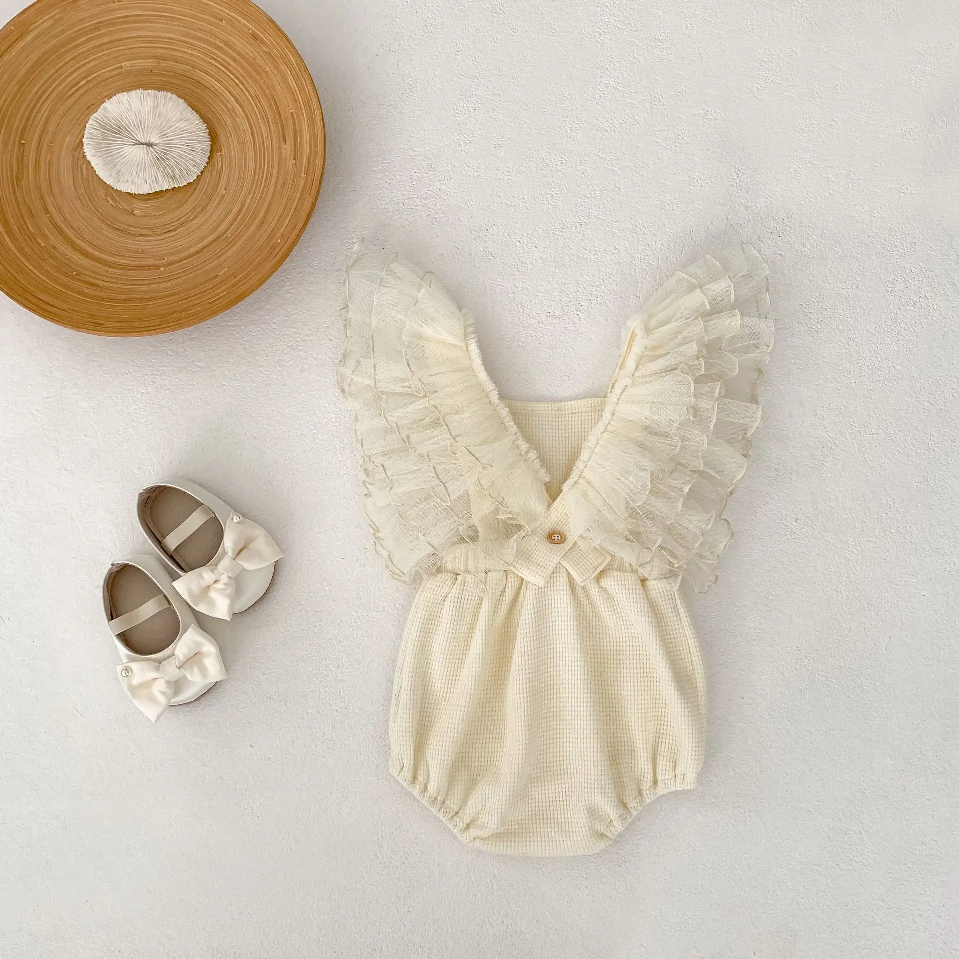 Summer new style baby clothes for 0-3 years old, exquisite baby girl mesh big flying sleeves triangle suit one-piece top