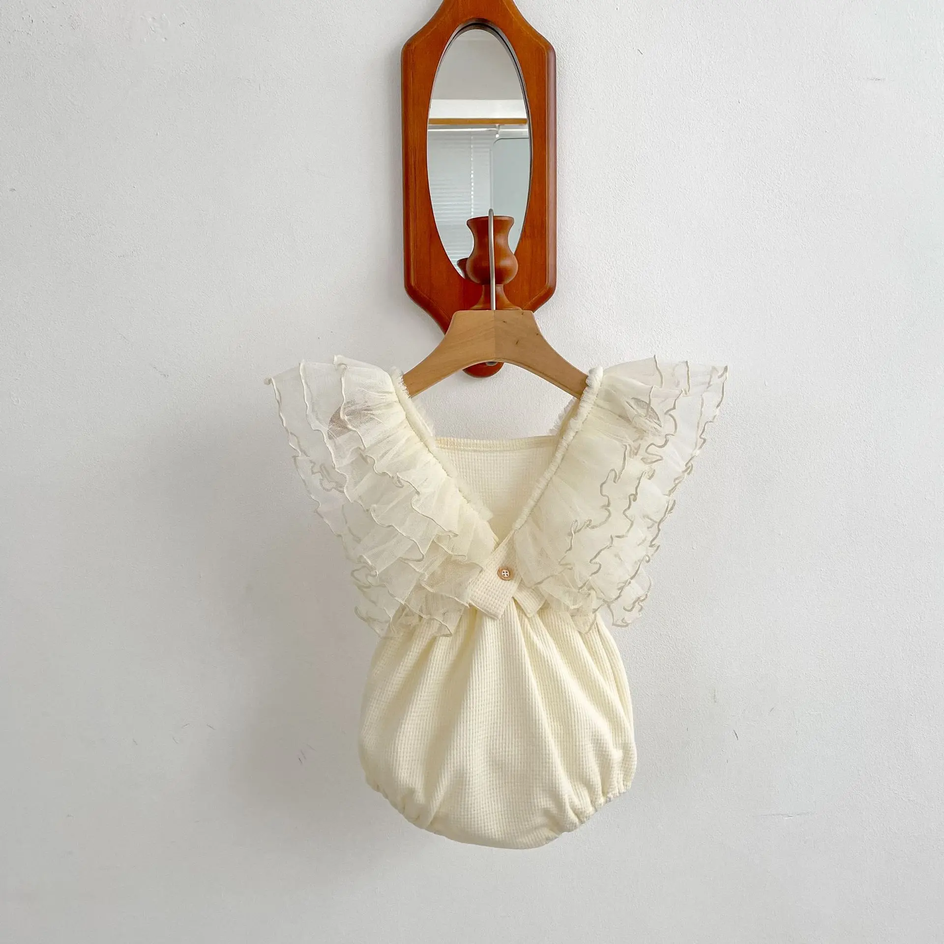Summer new style baby clothes for 0-3 years old, exquisite baby girl mesh big flying sleeves triangle suit one-piece top