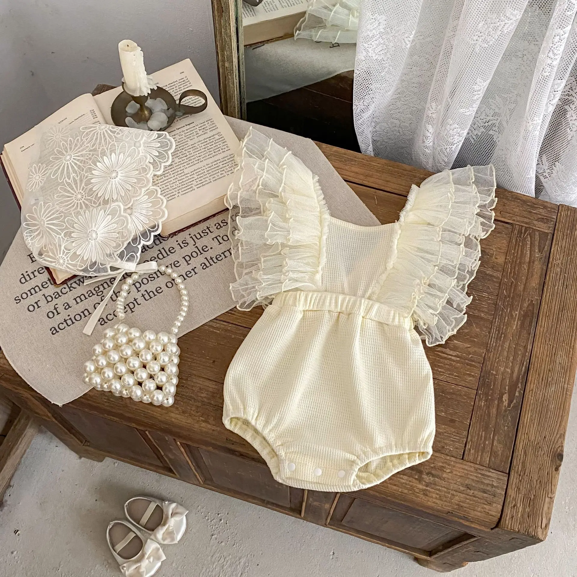 Summer new style baby clothes for 0-3 years old, exquisite baby girl mesh big flying sleeves triangle suit one-piece top