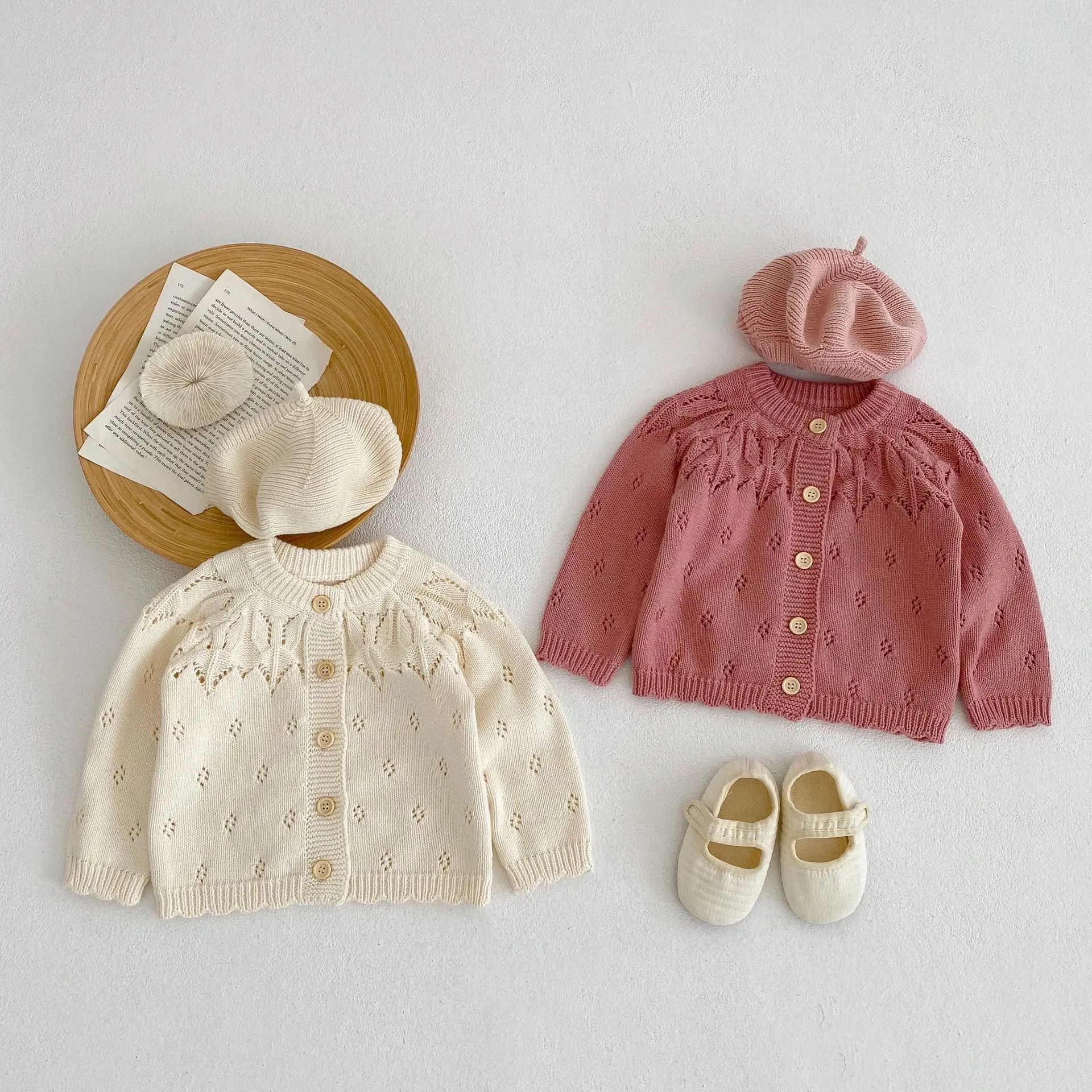 New autumn baby clothing for 0-3 years old, baby girl jacquard hollow knitted long sleeved round neck apricot cardigan