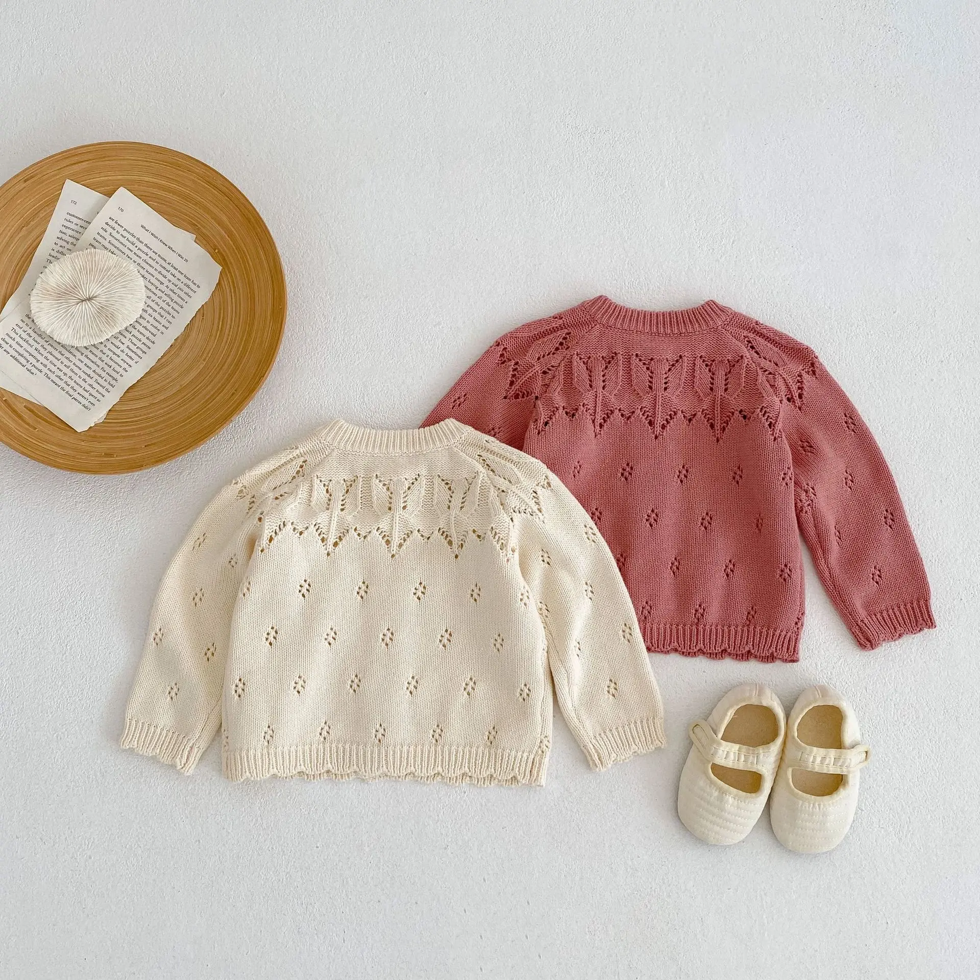 New autumn baby clothing for 0-3 years old, baby girl jacquard hollow knitted long sleeved round neck apricot cardigan
