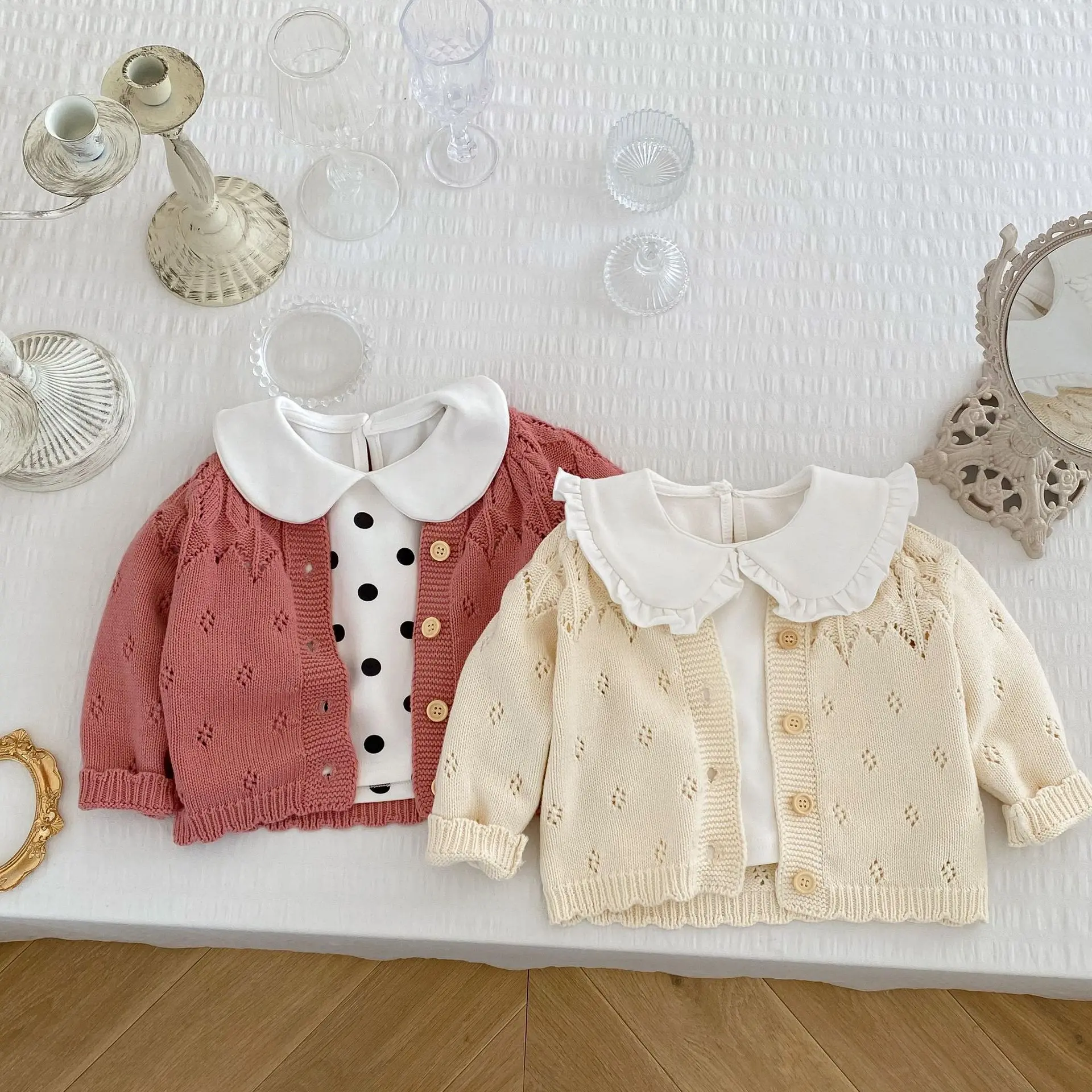 New autumn baby clothing for 0-3 years old, baby girl jacquard hollow knitted long sleeved round neck apricot cardigan