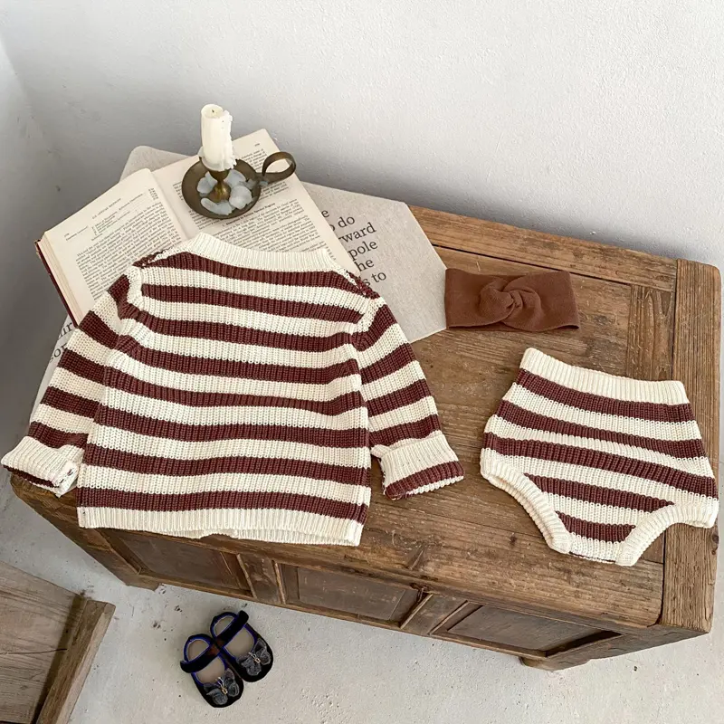 Autumn new baby clothing, 0-3 year old male and female babies, striped knitted suit cardigan+pants