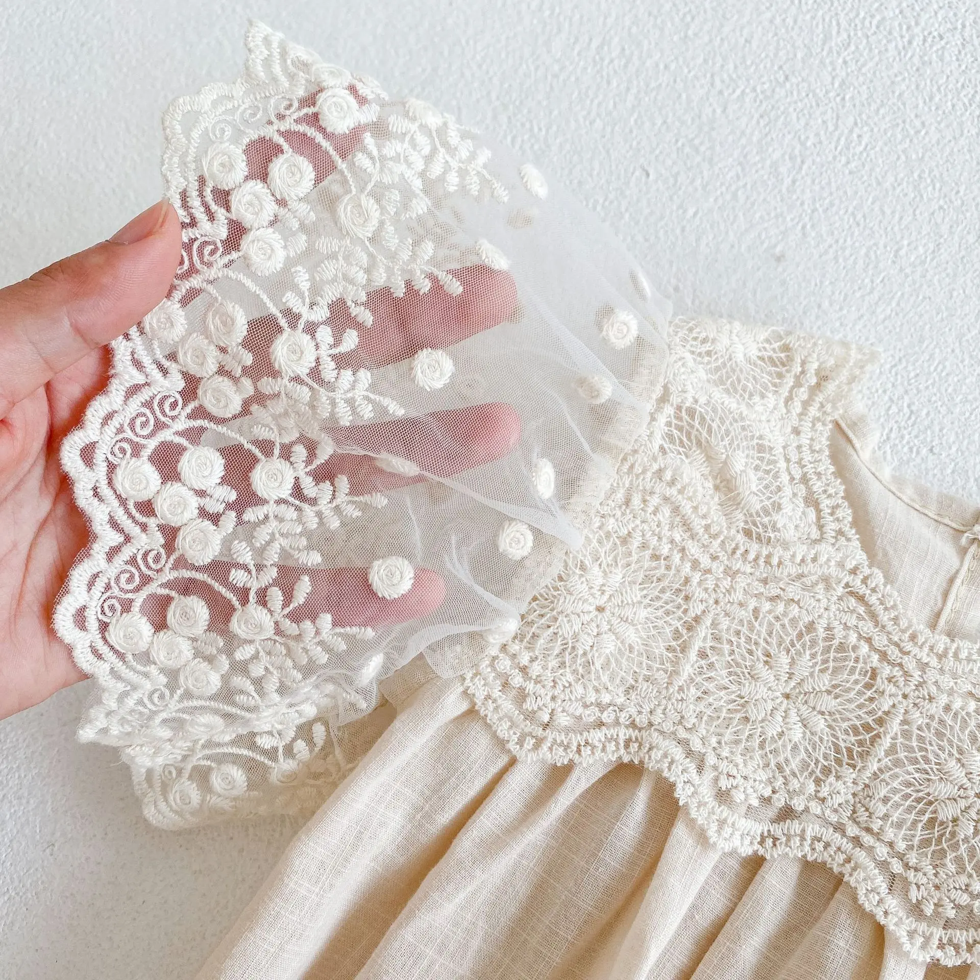 INS Summer New Product Infant and Toddler Fashion Versatile Triangle jumpsuit Female Baby Big Flying Sleeves Lace Wrapped Fart S