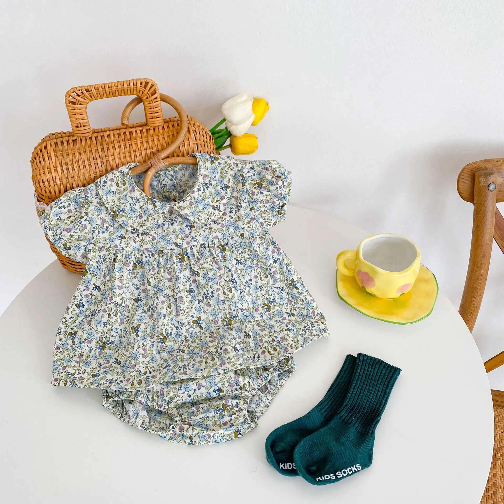 Summer new 0-3 year old baby clothing, fashionable baby girl set, flower doll collar short sleeved shirt+pants