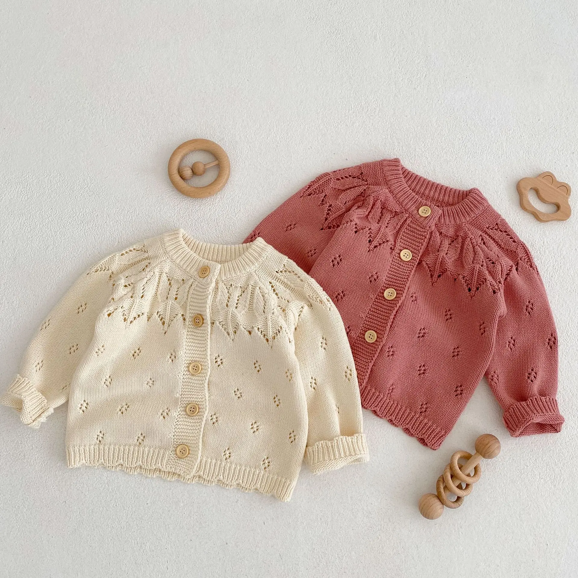 New autumn baby clothing for 0-3 years old, baby girl jacquard hollow knitted long sleeved round neck apricot cardigan