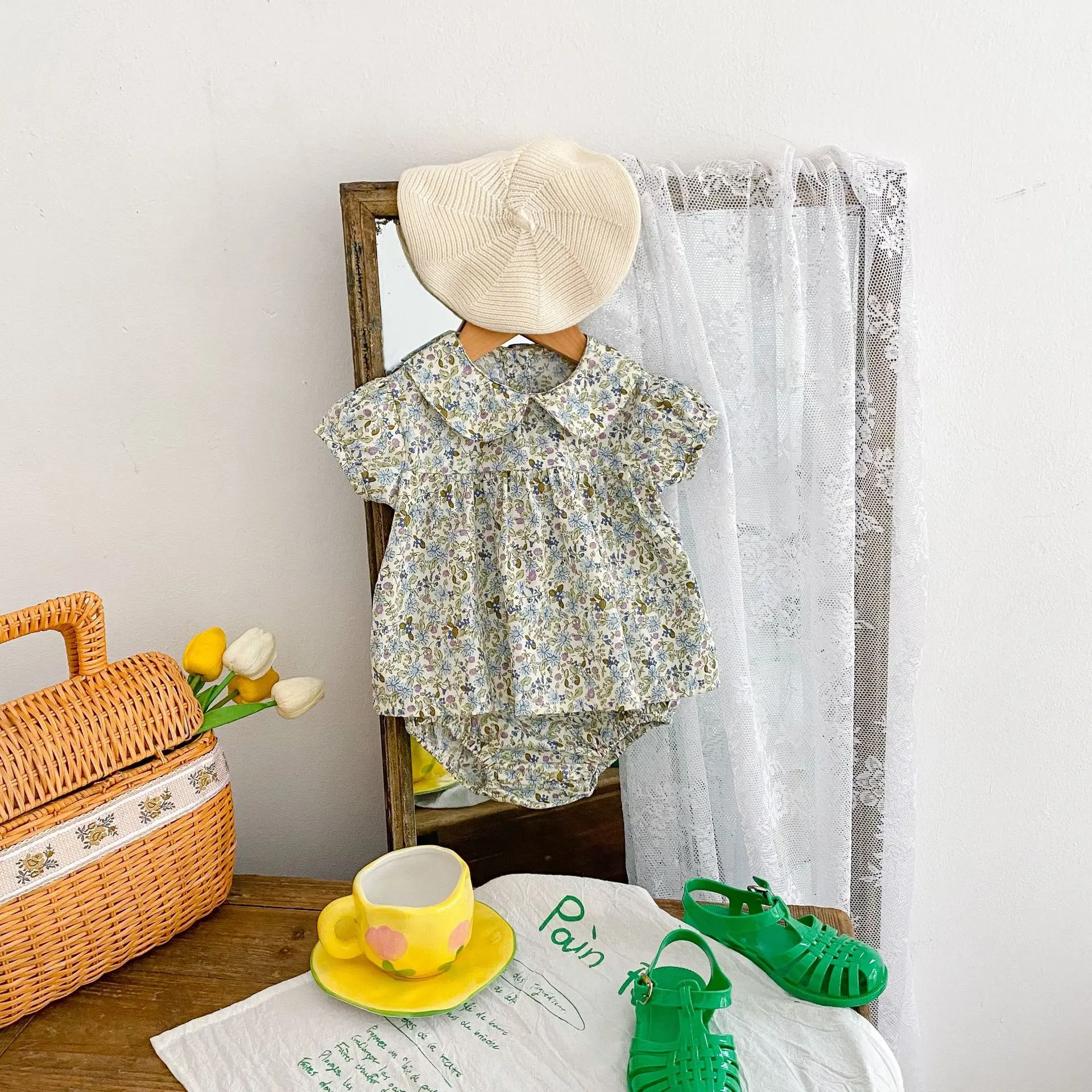 Summer new 0-3 year old baby clothing, fashionable baby girl set, flower doll collar short sleeved shirt+pants