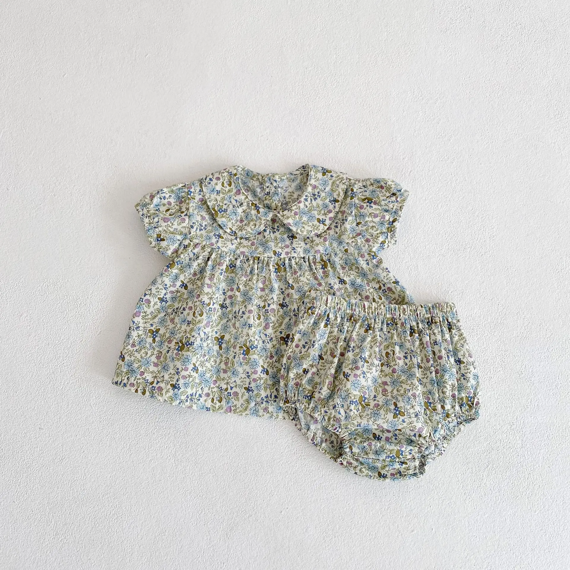 Summer new 0-3 year old baby clothing, fashionable baby girl set, flower doll collar short sleeved shirt+pants