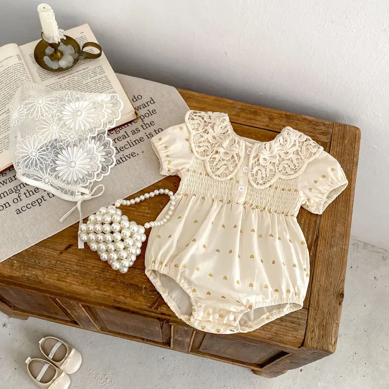 Summer new baby clothes for 0-3 years old, baby and girl big lace lapel love print short-sleeved jumpsuit