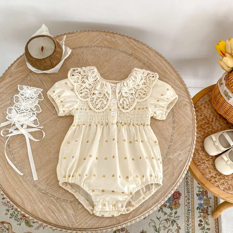 Summer new baby clothes for 0-3 years old, baby and girl big lace lapel love print short-sleeved jumpsuit