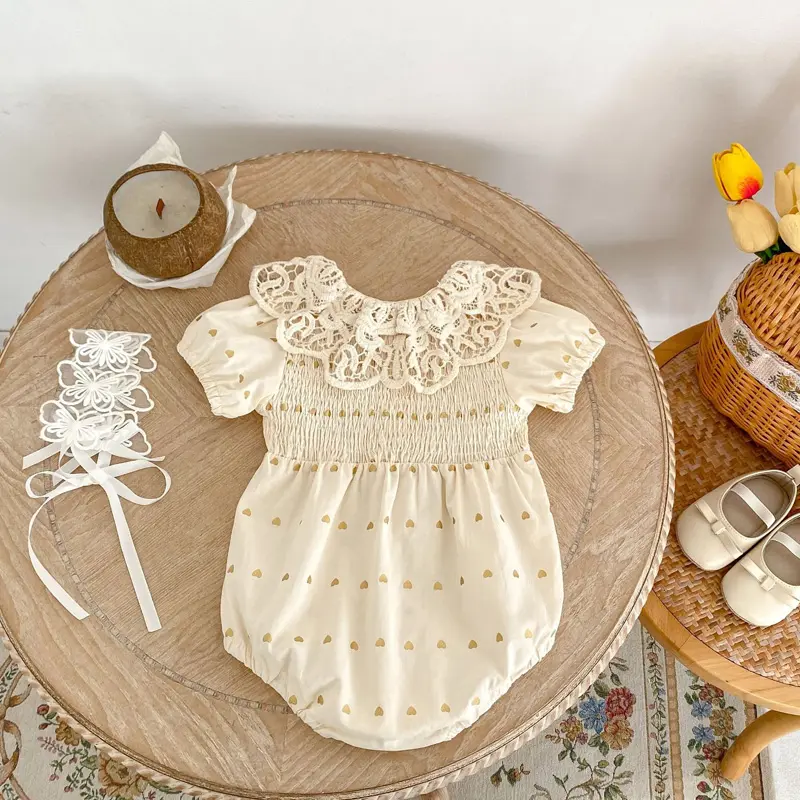 Summer new baby clothes for 0-3 years old, baby and girl big lace lapel love print short-sleeved jumpsuit