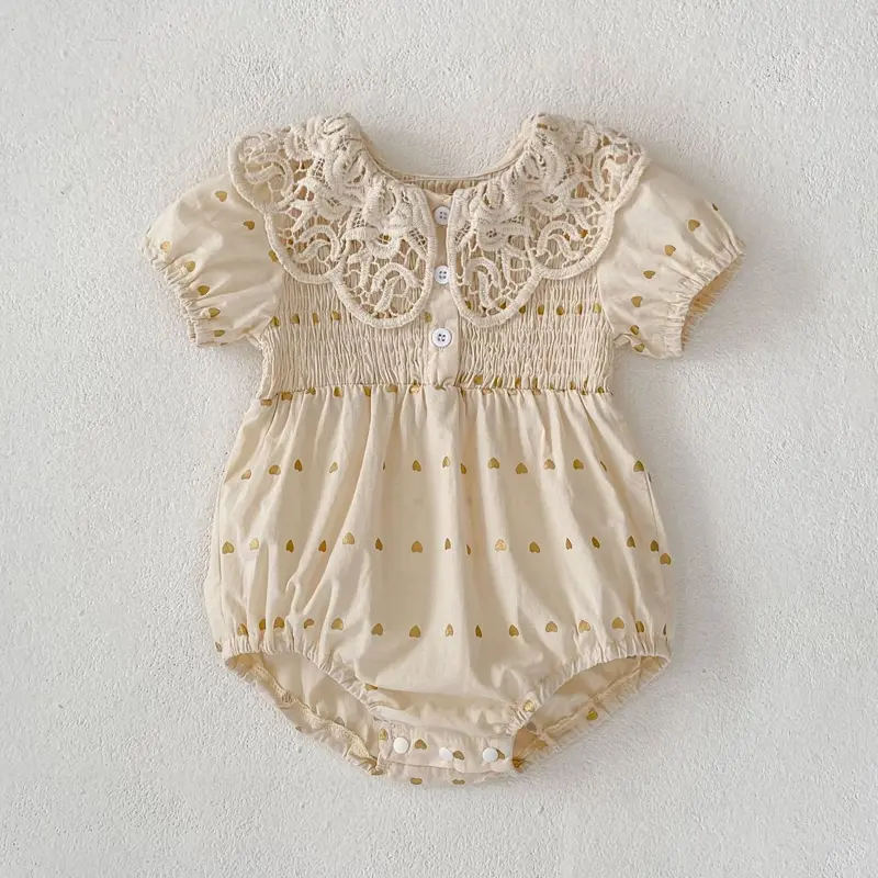 Summer new baby clothes for 0-3 years old, baby and girl big lace lapel love print short-sleeved jumpsuit