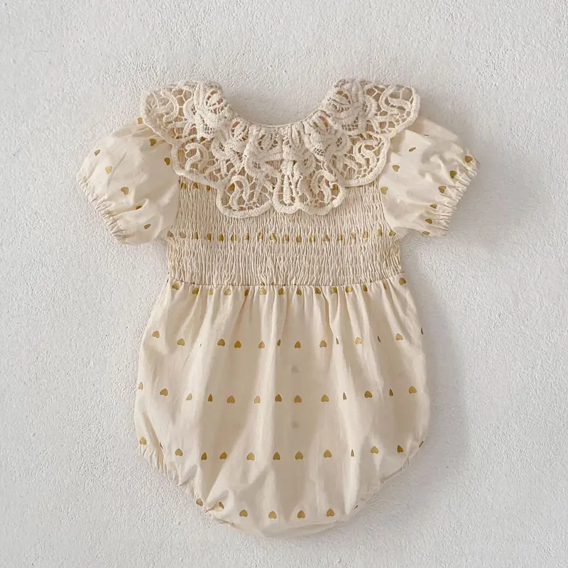 Summer new baby clothes for 0-3 years old, baby and girl big lace lapel love print short-sleeved jumpsuit