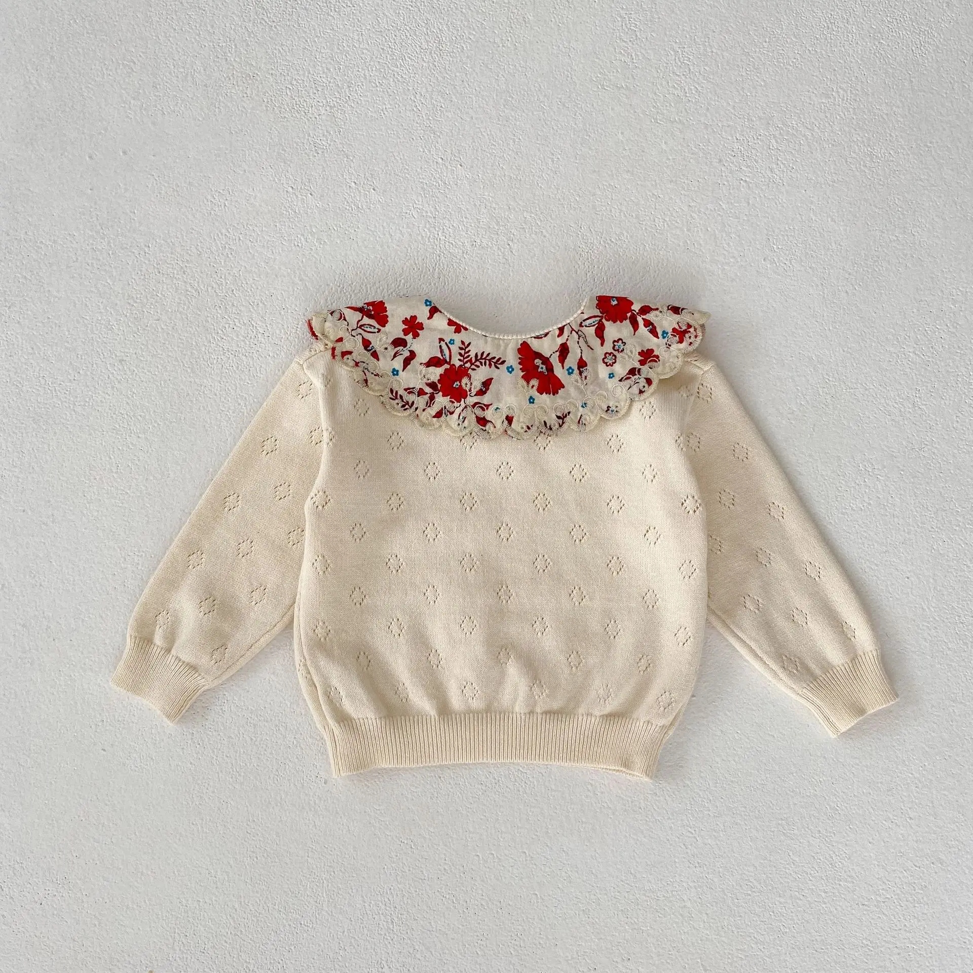 Instagram Spring and Autumn Fashion Versatile Sweater Knitted Baby Girl Sweet Big Lace Collar Knitted Pullover Top Bottom Sweate