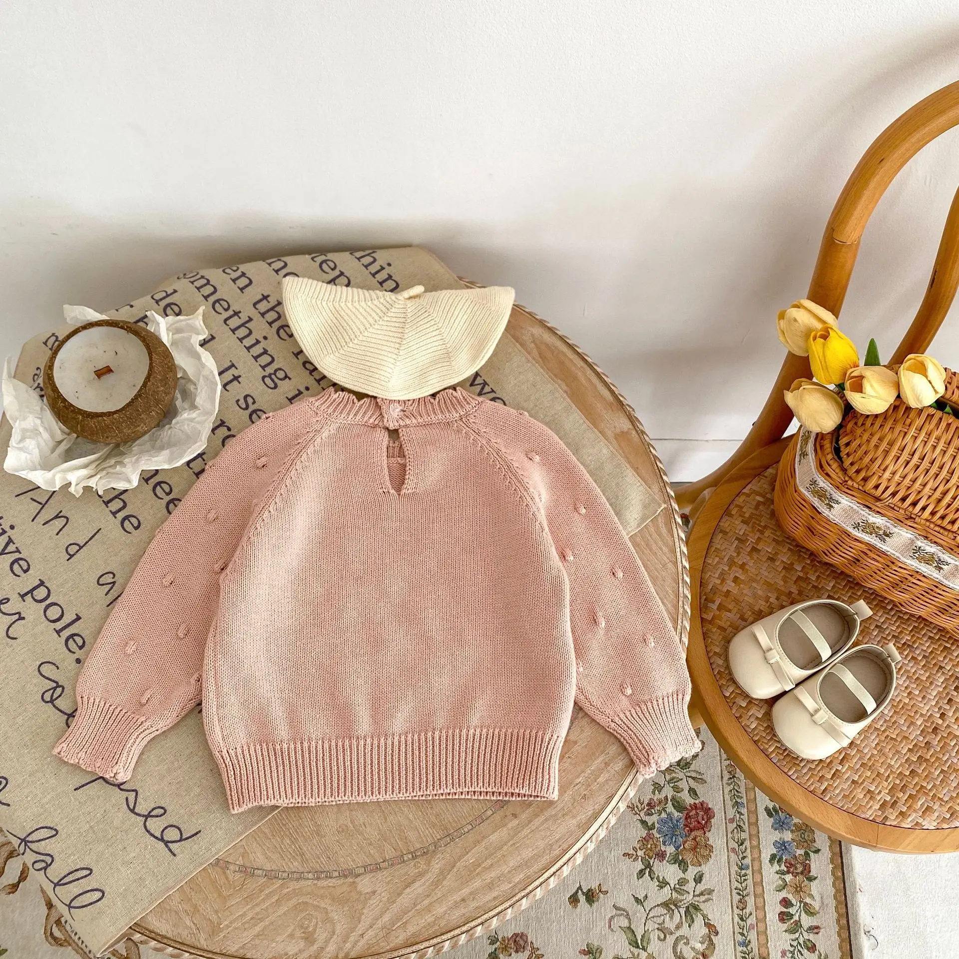 New autumn baby clothing for 0-3 years old, fashionable baby girl tops, bubble dot long sleeved pullover knitwear