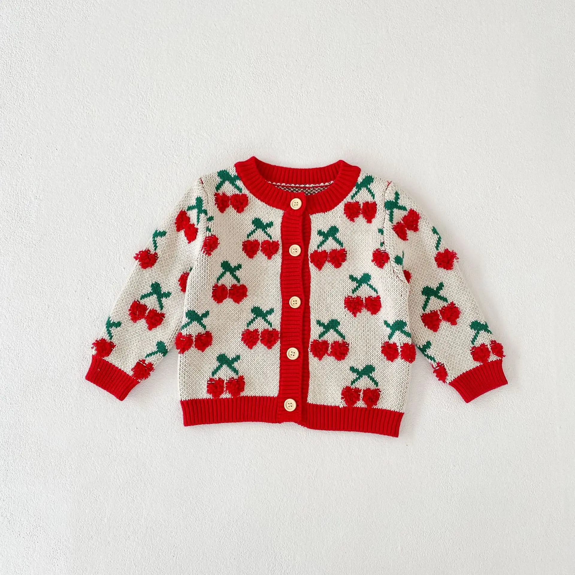 New autumn baby clothing for 0-3 years old, fashionable baby girl knitted cherry embroidered long sleeved cardigan