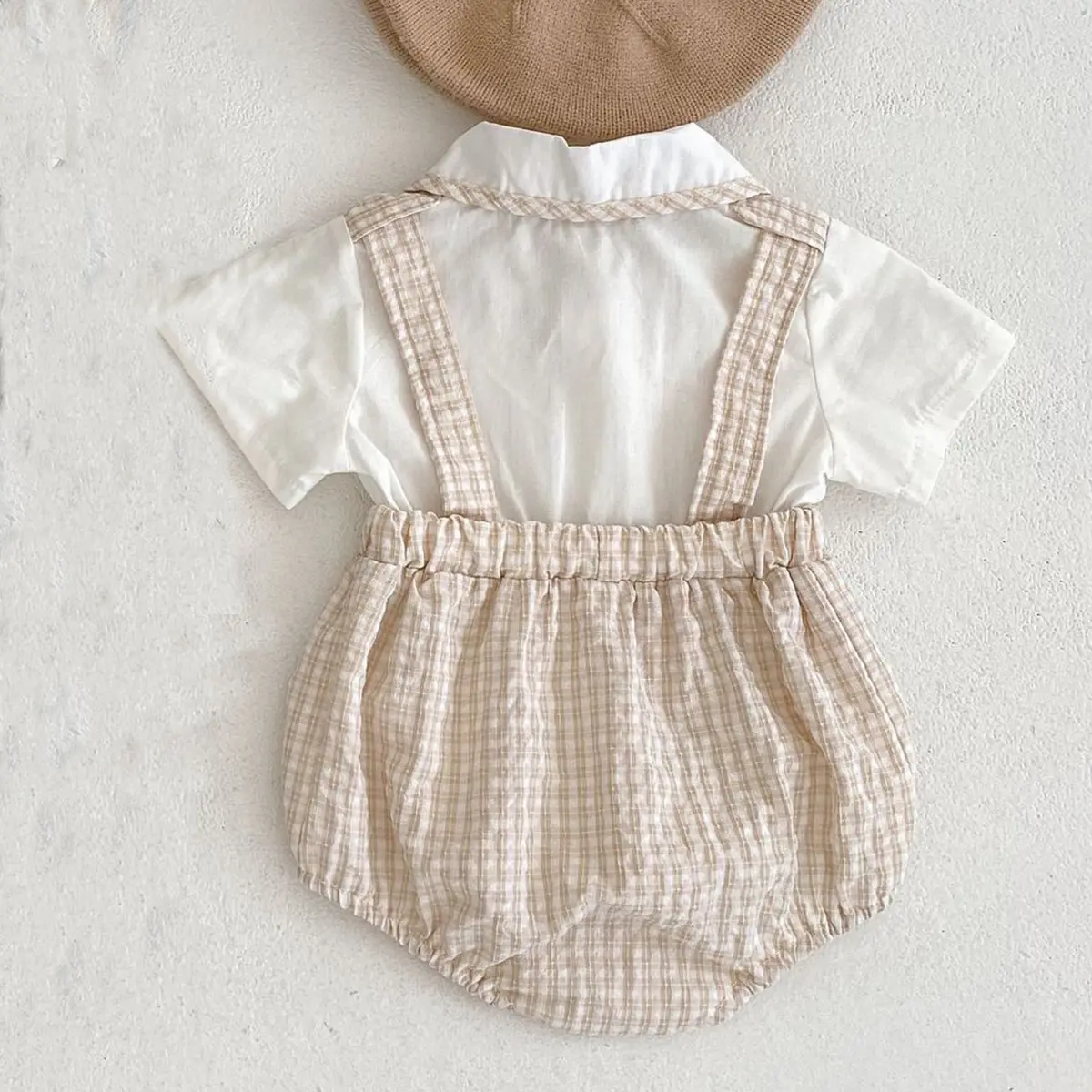 Instagram summer baby jumpsuit, male and female baby doll collar, plaid fake two-piece triangular jumpsuit, crawling