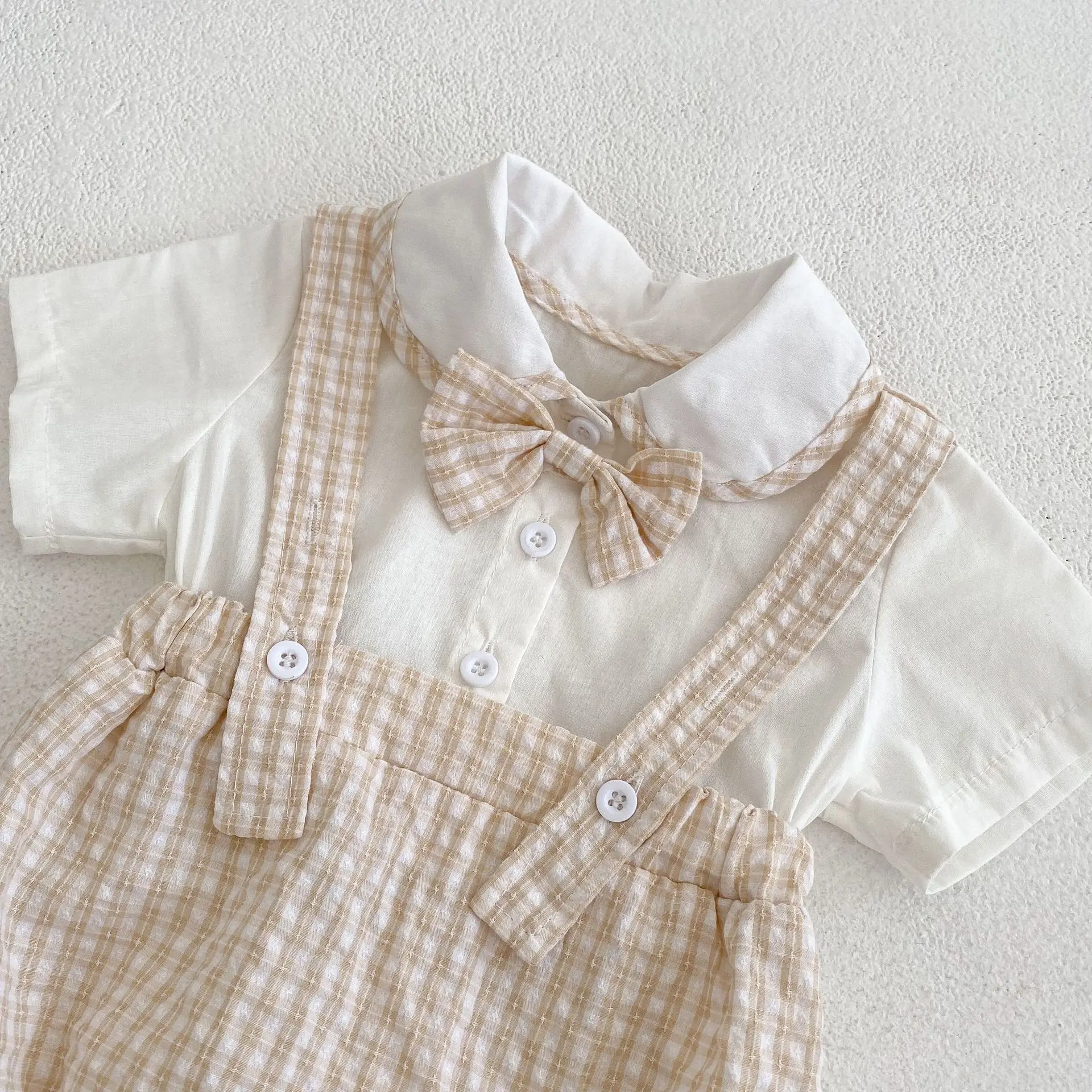 Instagram summer baby jumpsuit, male and female baby doll collar, plaid fake two-piece triangular jumpsuit, crawling