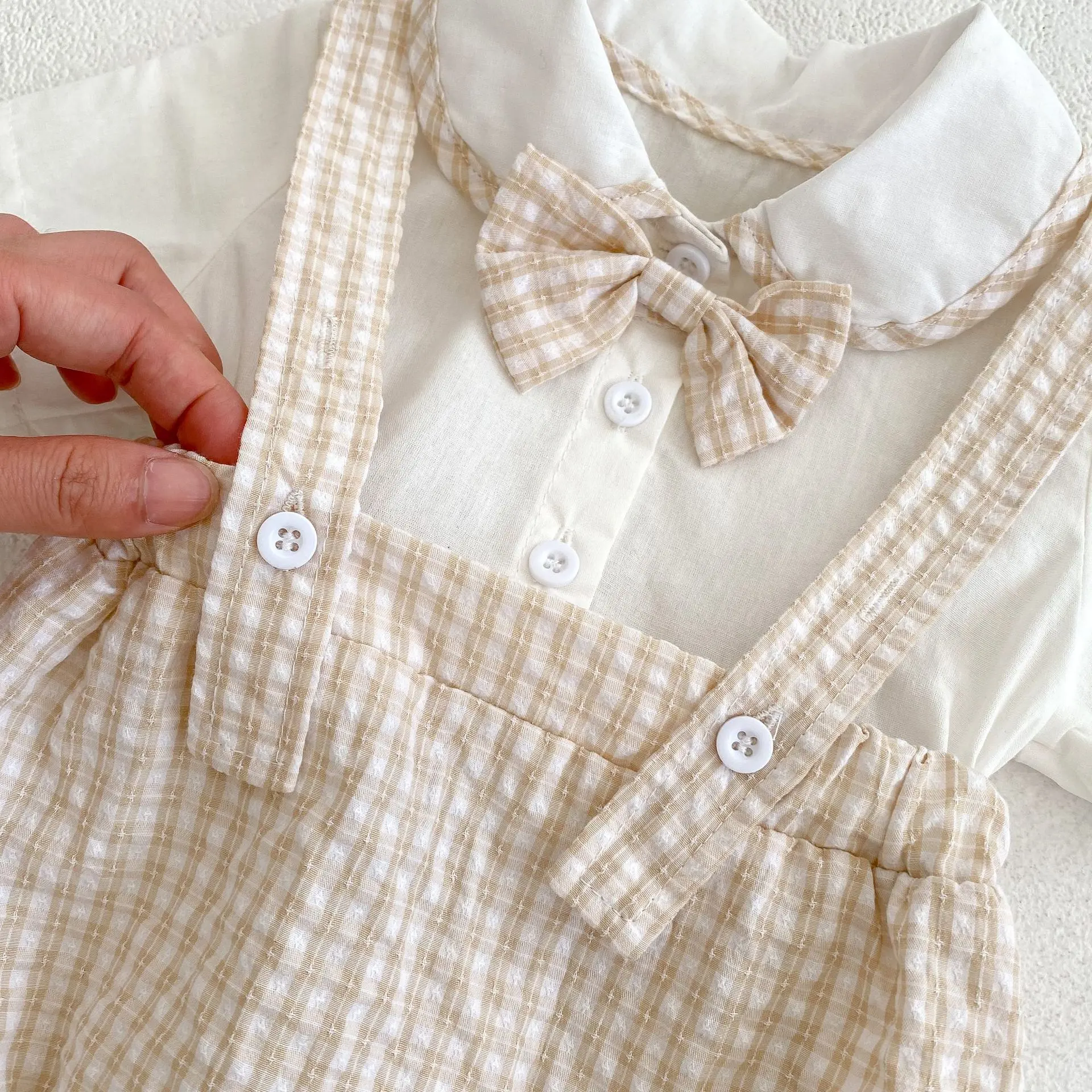 Instagram summer baby jumpsuit, male and female baby doll collar, plaid fake two-piece triangular jumpsuit, crawling