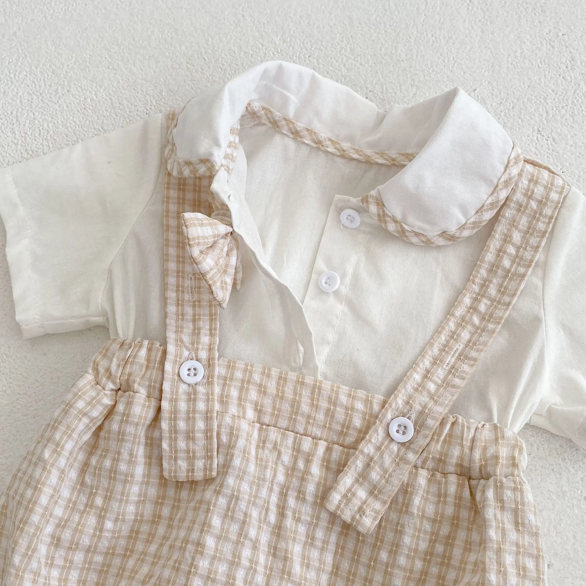 Instagram summer baby jumpsuit, male and female baby doll collar, plaid fake two-piece triangular jumpsuit, crawling