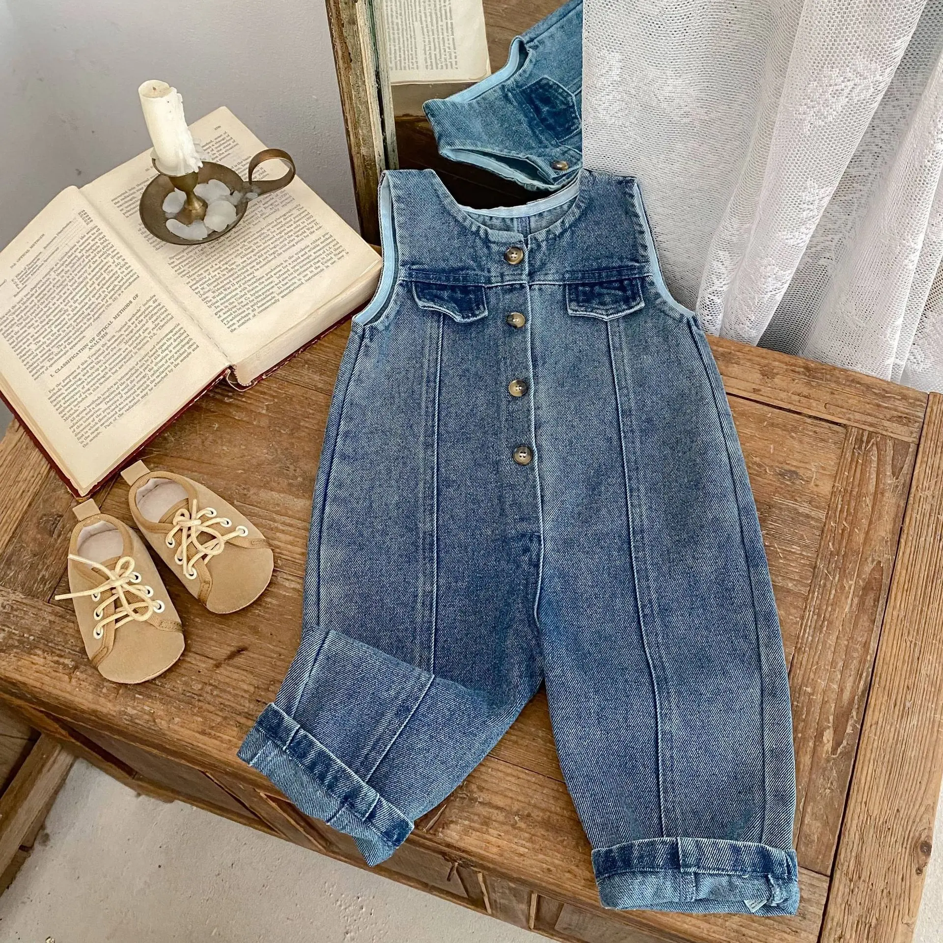 New autumn baby clothing for 0-3 years old, sleeveless denim jumpsuit for baby boys and girls, casual style pants