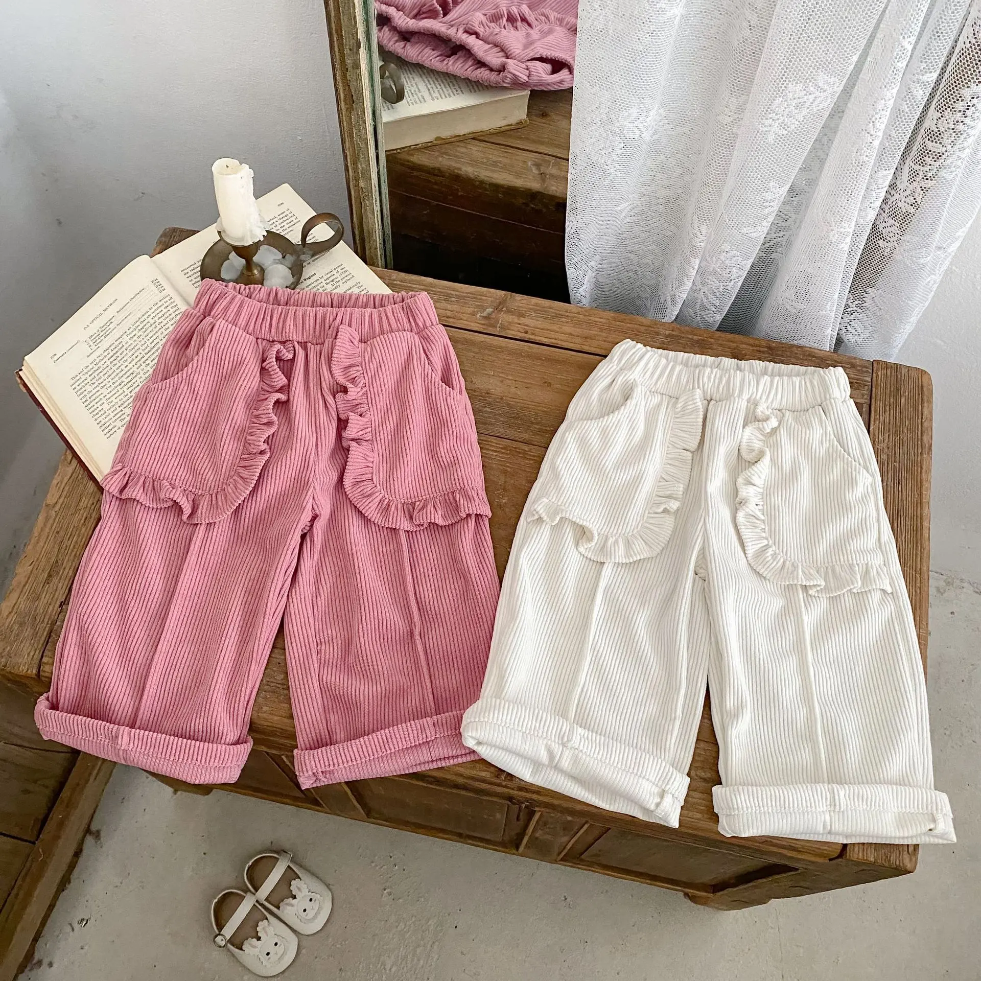 New spring and autumn baby clothing for 0-3 years old, girls' baby corduroy pocket pleated straight leg pants, sports pants
