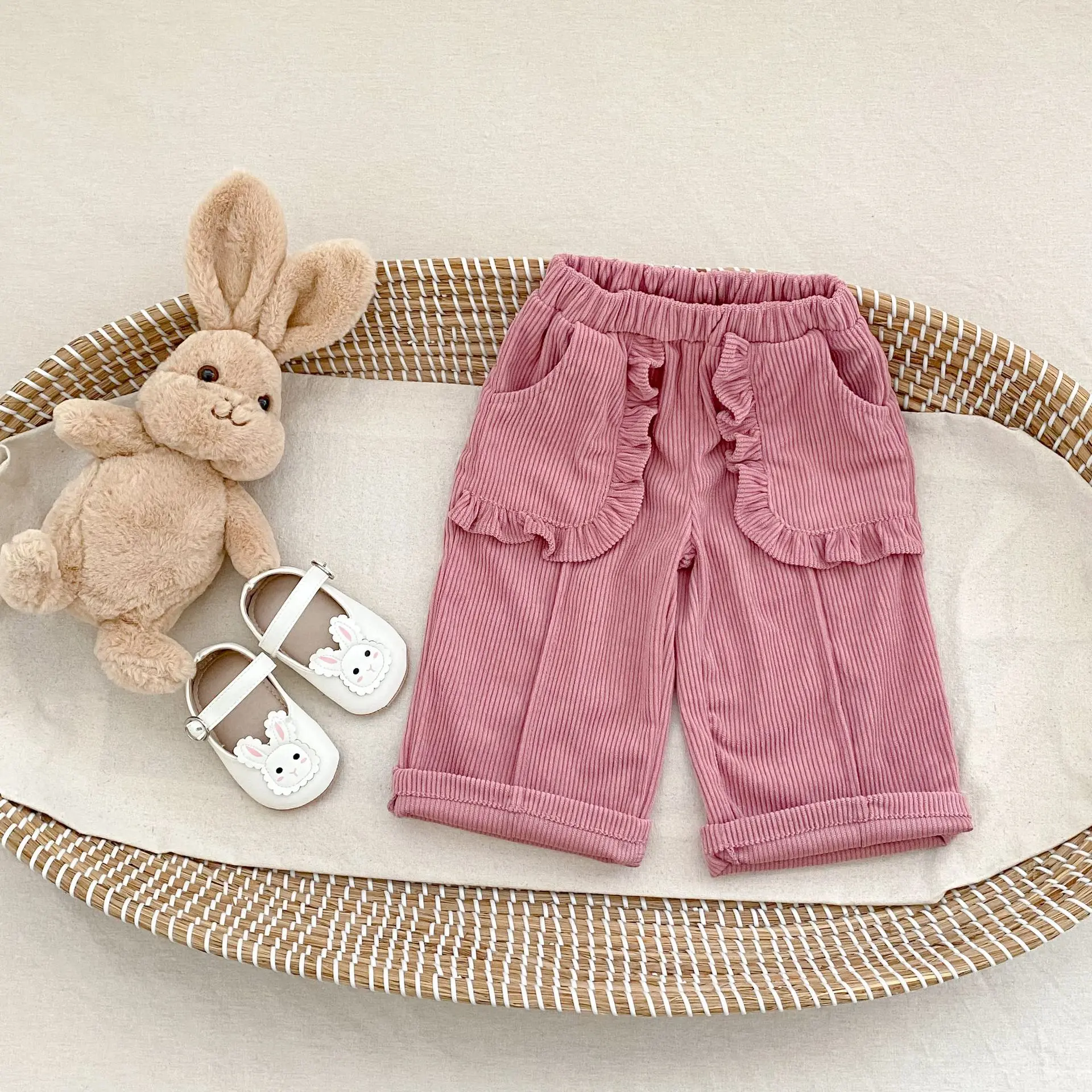 New spring and autumn baby clothing for 0-3 years old, girls' baby corduroy pocket pleated straight leg pants, sports pants