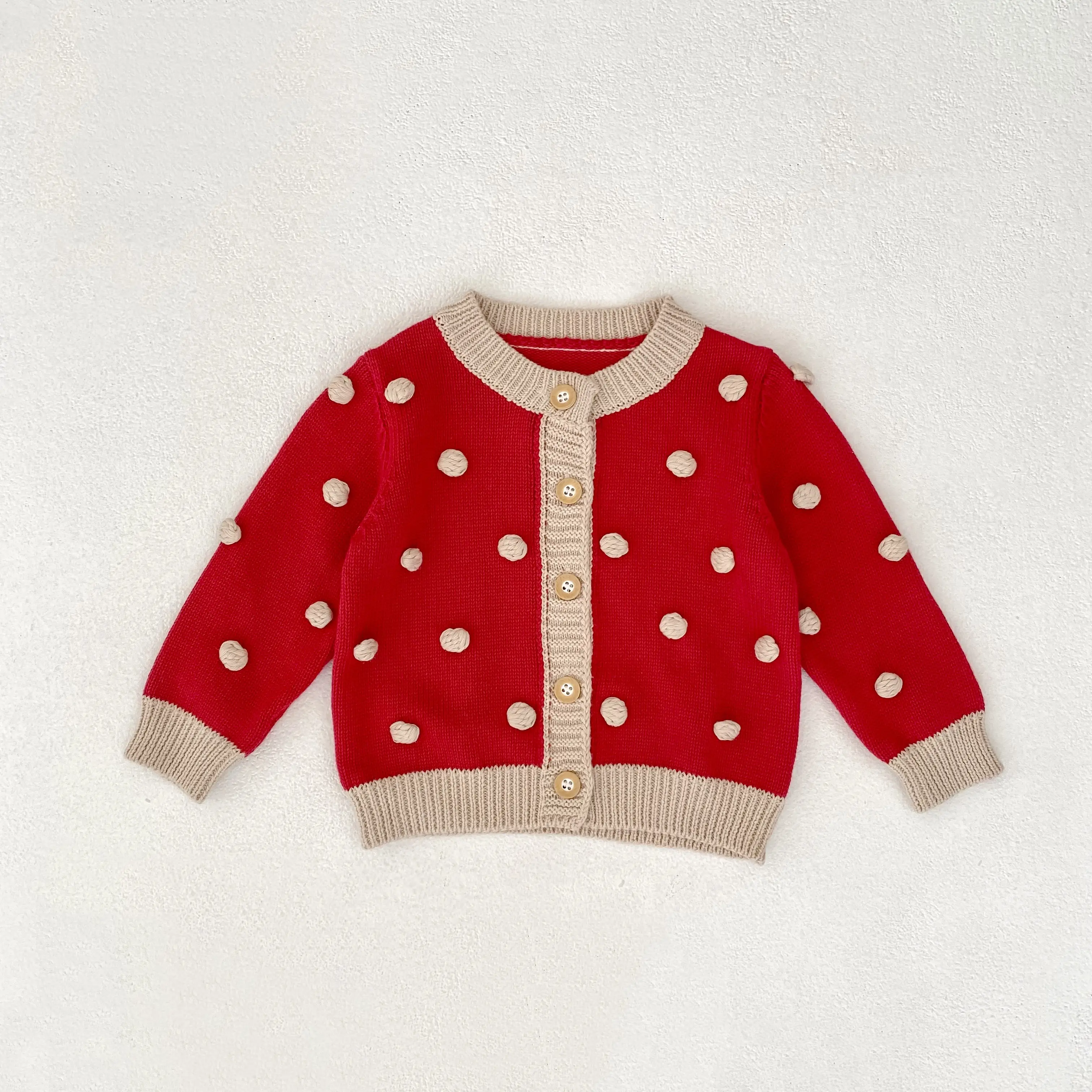Autumn new 0-3 year old baby clothing, cute baby girl round neck polka dot color blocked long sleeved knitted cardigan