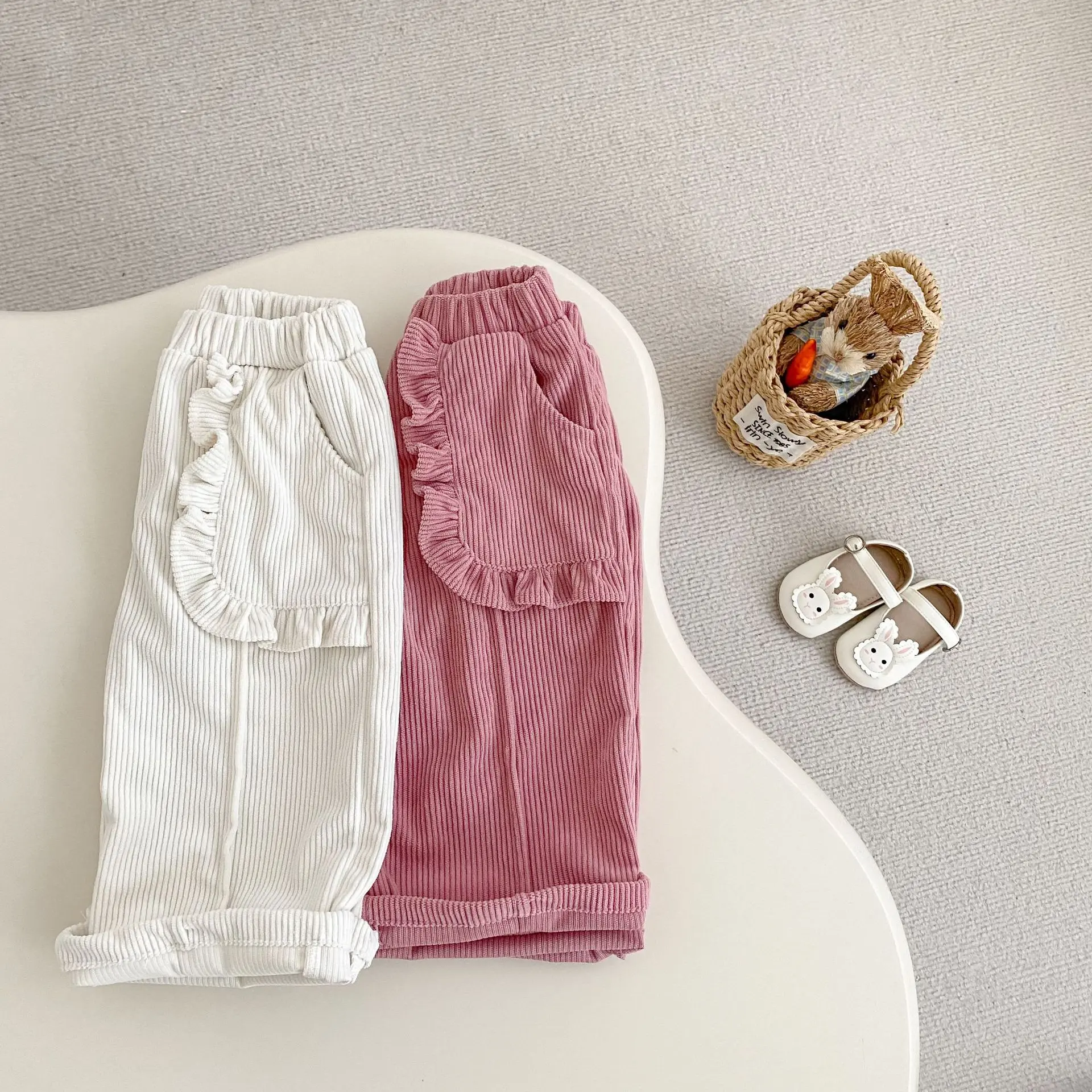 New spring and autumn baby clothing for 0-3 years old, girls' baby corduroy pocket pleated straight leg pants, sports pants