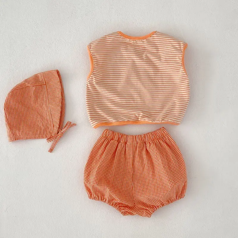 Summer new baby clothing, 0-3 year old boys and girls striped top+small fresh and cute bread pants+hat 3-piece set
