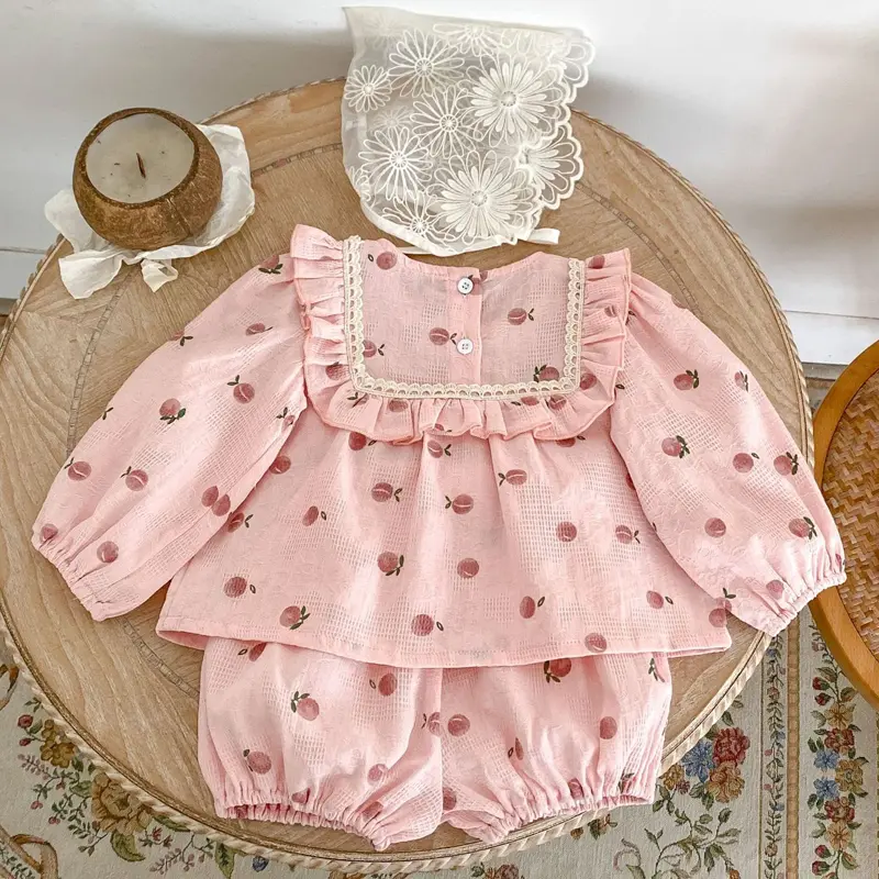 Autumn new baby clothing, 0-3 year old female baby, peach print long sleeved top+bread pants two-piece set