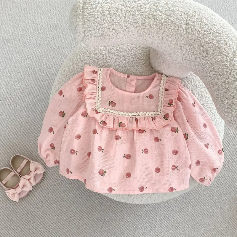 Autumn new baby clothing, 0-3 year old female baby, peach print long sleeved top+bread pants two-piece set