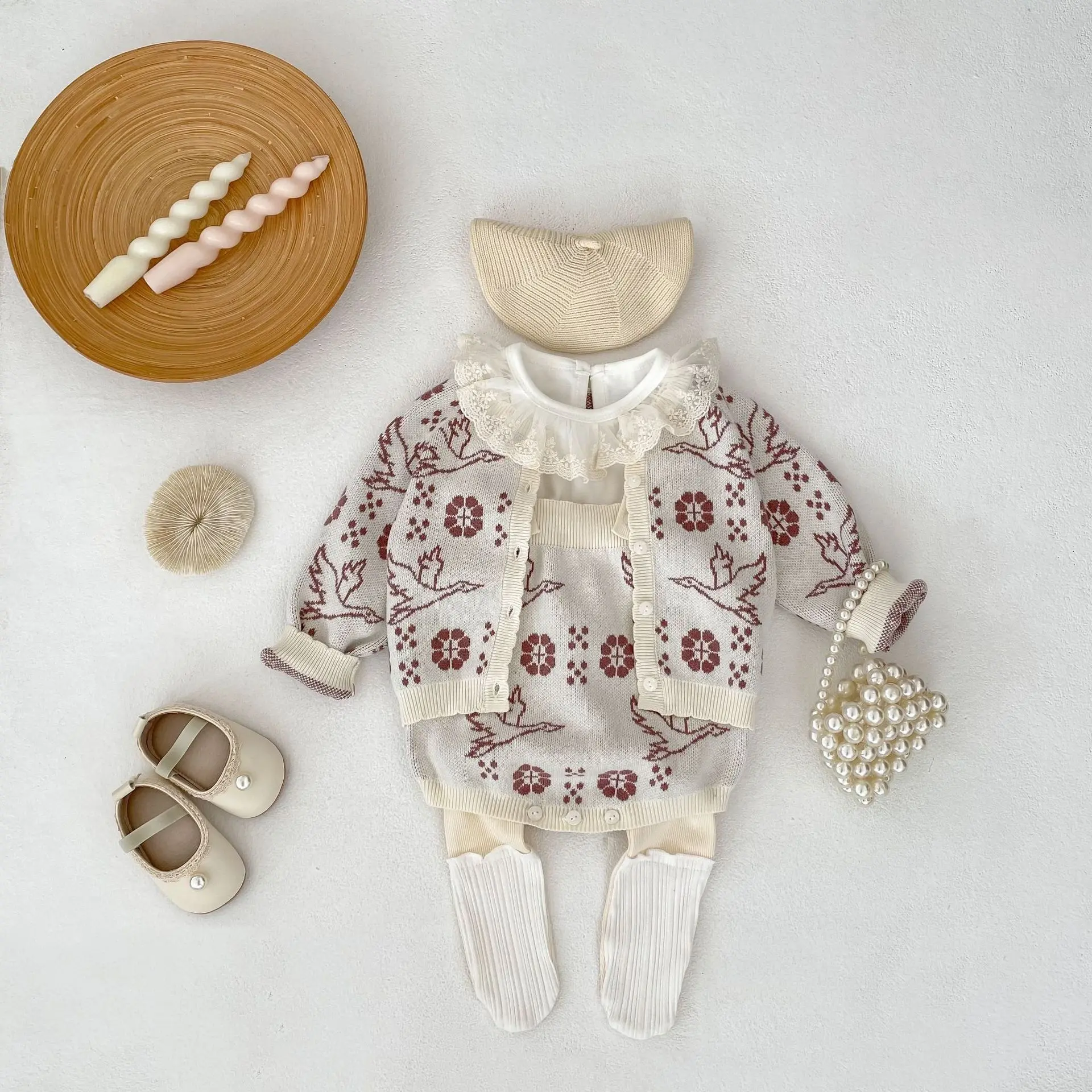 New autumn baby clothing for 0-3 years old, exquisite knitted long sleeved cardigan+jumpsuit, available for purchase