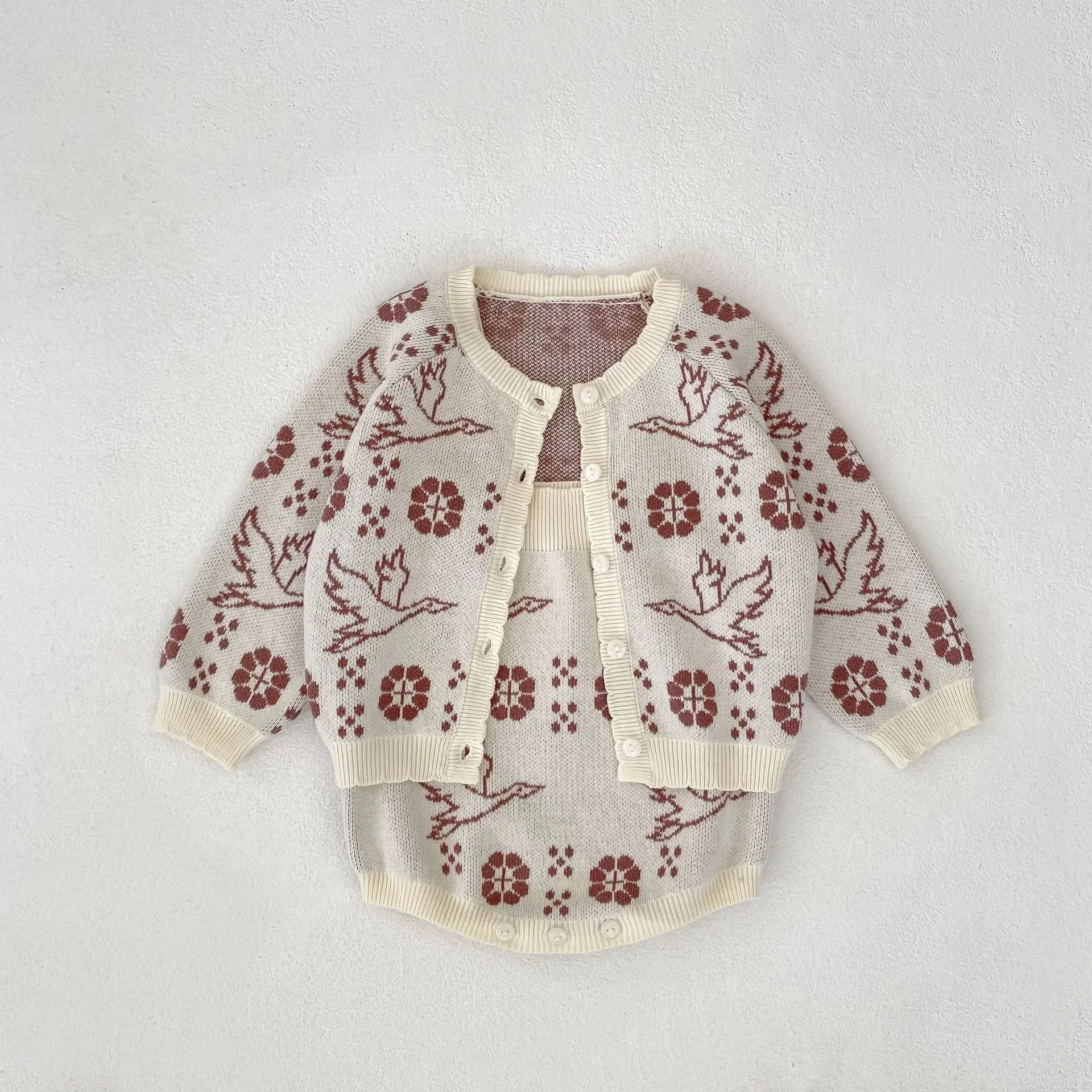 New autumn baby clothing for 0-3 years old, exquisite knitted long sleeved cardigan+jumpsuit, available for purchase