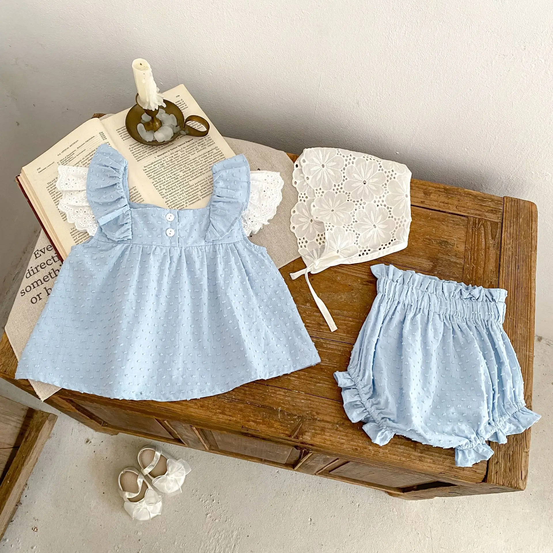 Summer new 0-3 year old baby clothing, fashionable two-piece set for baby girls, cute flying sleeve skirt+bread pants