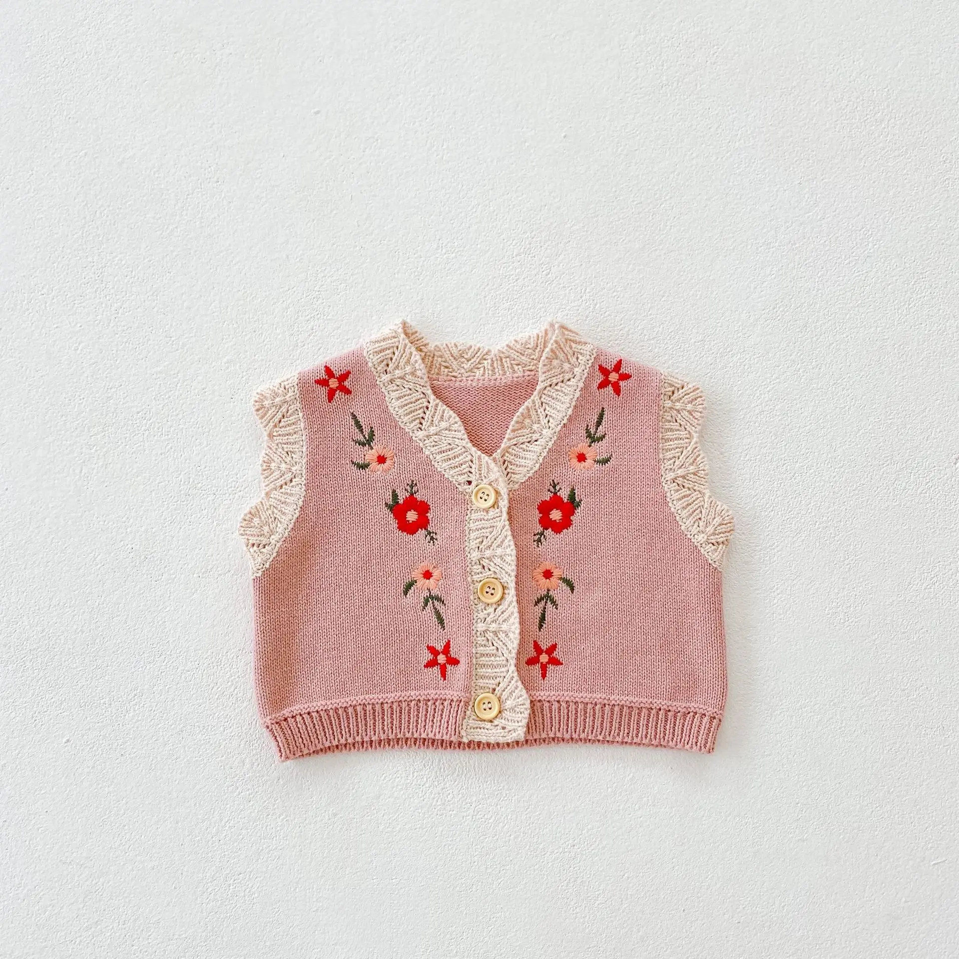 Autumn New Baby Clothing Versatile Girl Baby 0-2 Year Old Cardigan Cotton Knitted Sweater Embroidered V-neck Vest Coat