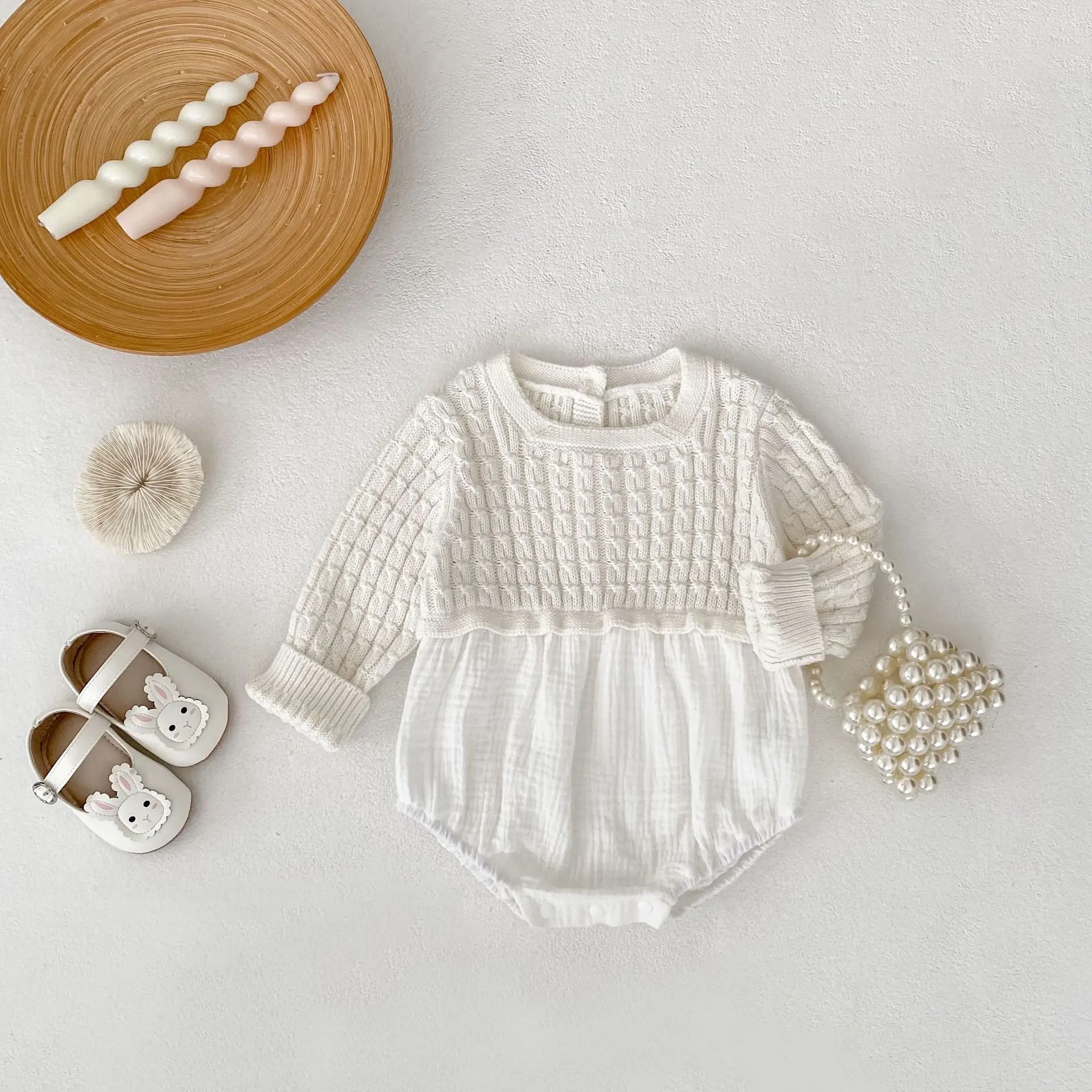 Autumn new 0-3 year old baby clothing, cute baby girl knitted patchwork cotton long sleeved jumpsuit