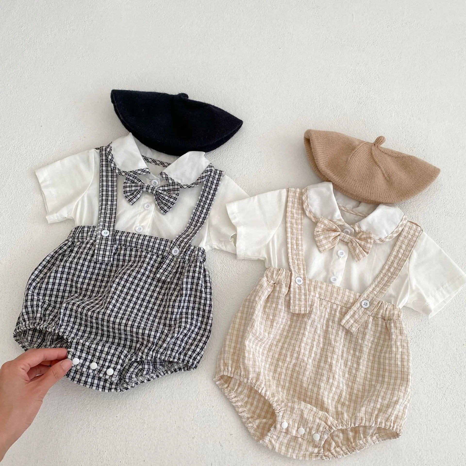 Summer new baby clothes for 0-3 years old, cute baby plaid braces and fake two-piece short-sleeved jumpsuit