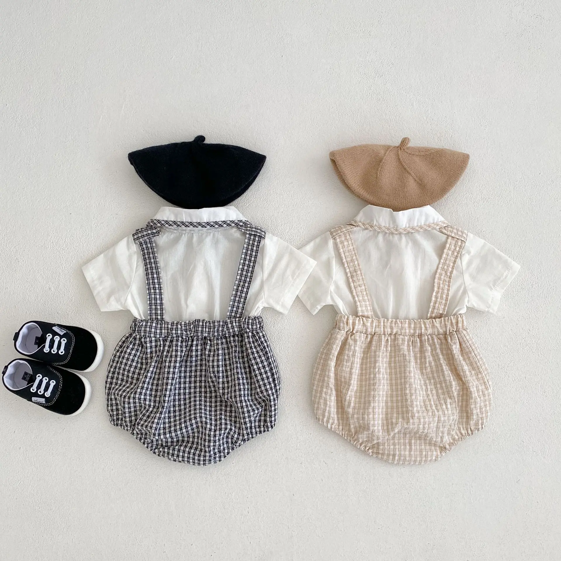 Summer new baby clothes for 0-3 years old, cute baby plaid braces and fake two-piece short-sleeved jumpsuit