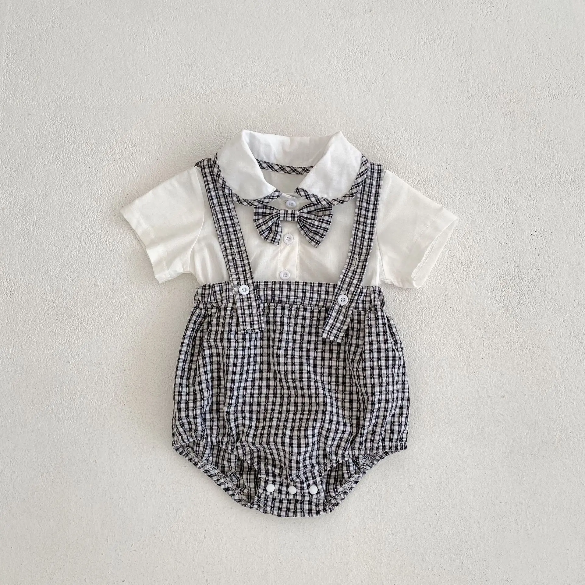 Summer new baby clothes for 0-3 years old, cute baby plaid braces and fake two-piece short-sleeved jumpsuit