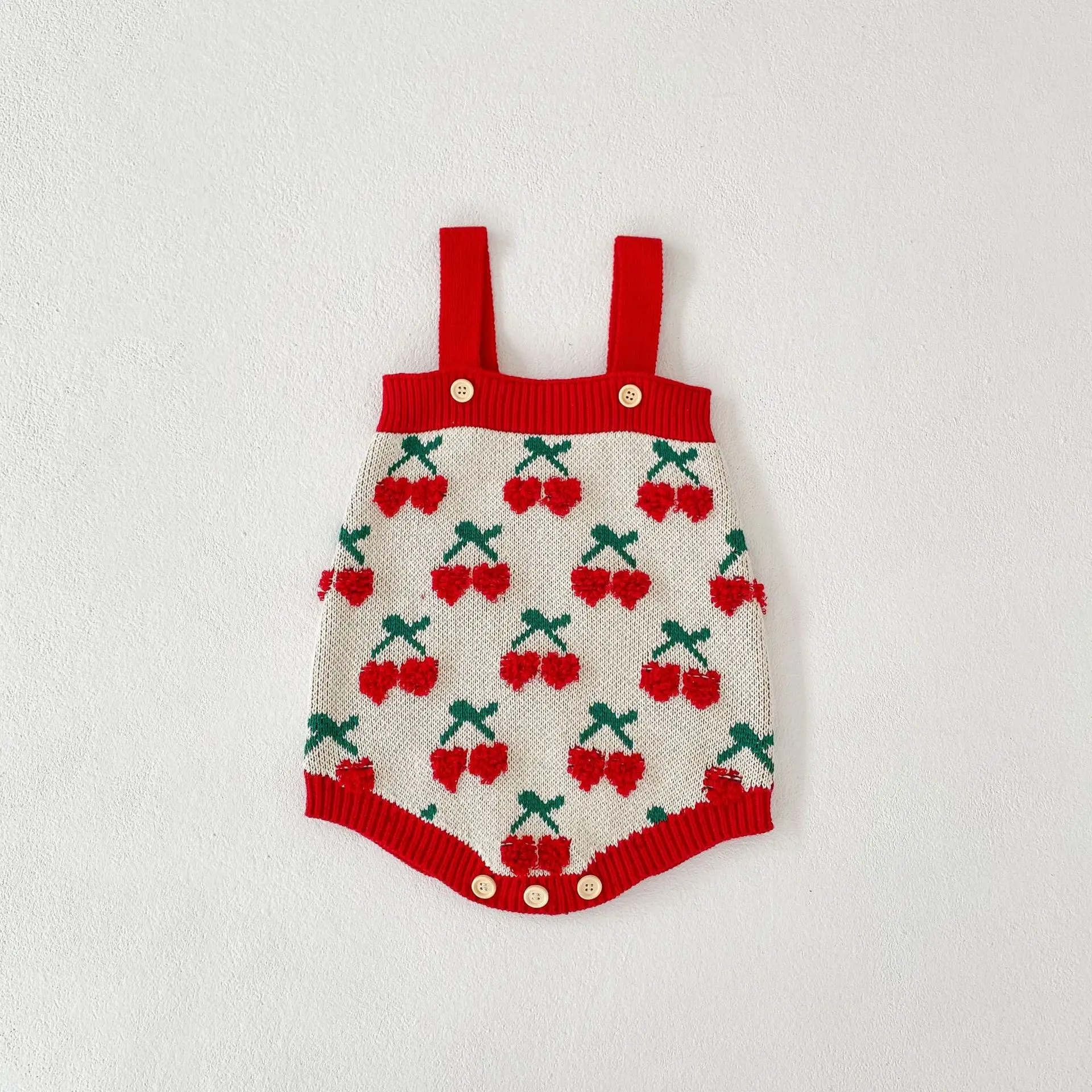New autumn baby clothing for 0-3 years old, fashionable baby girl knitted cherry embroidered triangle jumpsuit