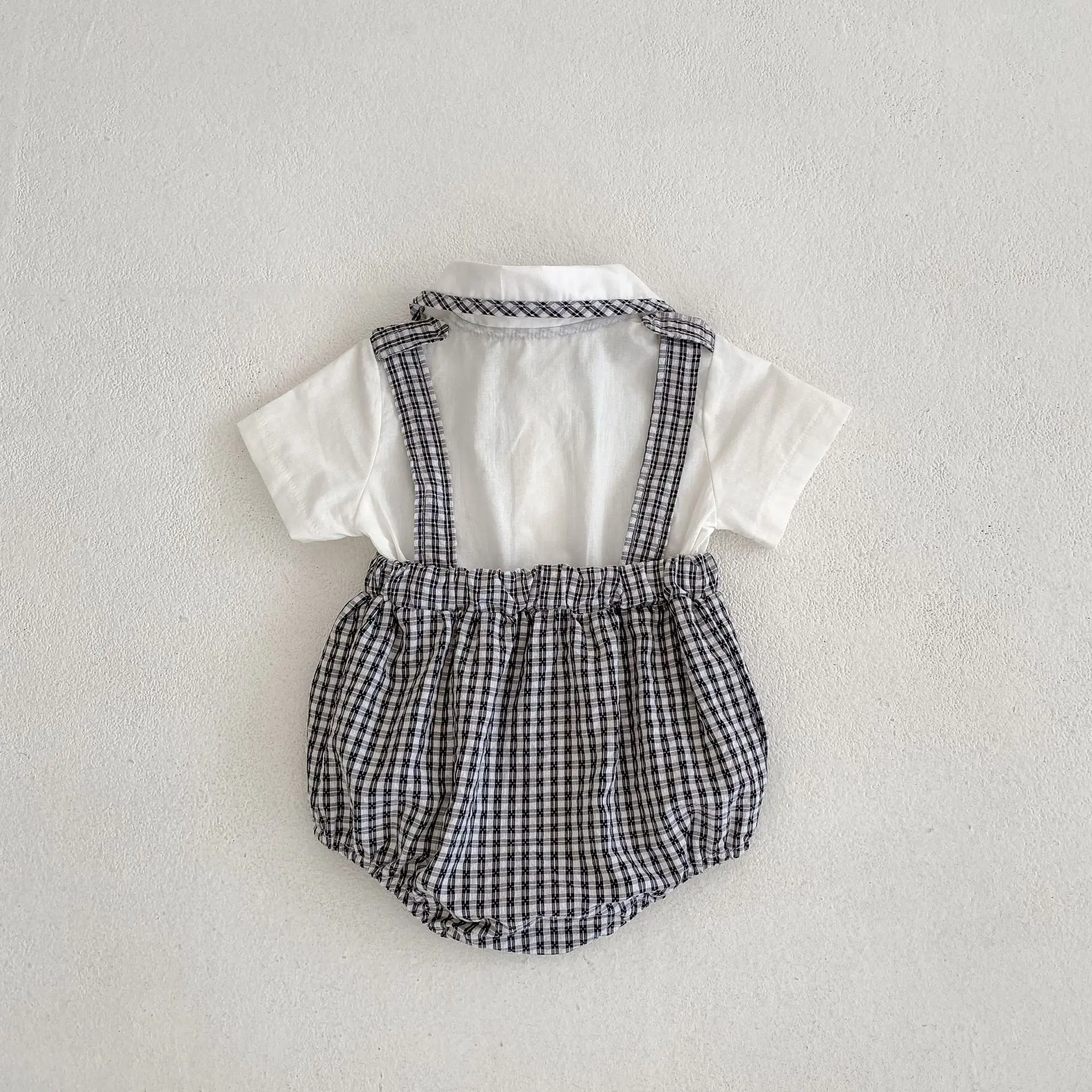 Summer new baby clothes for 0-3 years old, cute baby plaid braces and fake two-piece short-sleeved jumpsuit