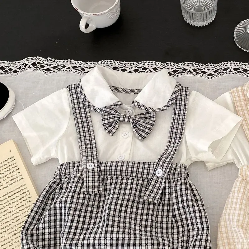 Summer new baby clothes for 0-3 years old, cute baby plaid braces and fake two-piece short-sleeved jumpsuit
