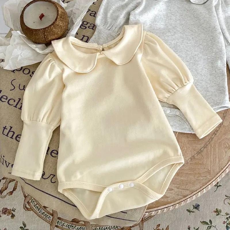 Autumn New Baby Clothing for Girls Fashion Versatile Doll Neck Bubble Long sleeved Sweetheart Solid Color Crawling jumpsuit