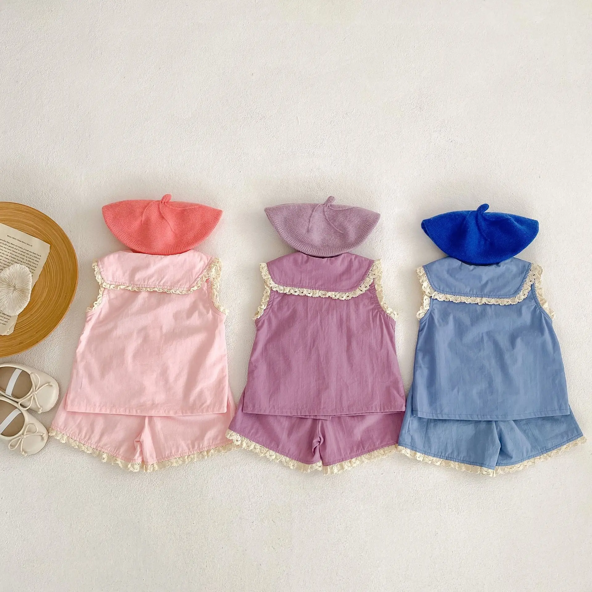 Summer new baby clothes for 0-3 years old, exquisite baby girl embroidered lapel sleeveless button top + lace loose shorts