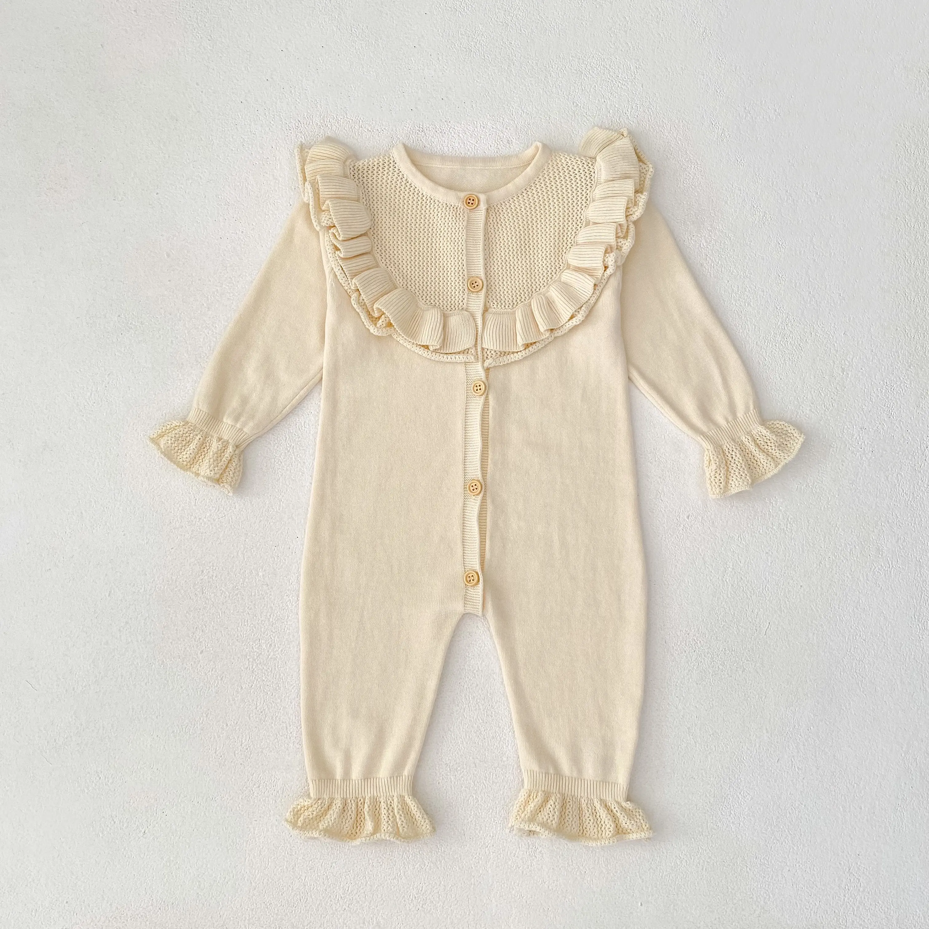 Autumn new 0-3 year old baby clothing, fashionable baby girl round neck lotus leaf side length sleeve palace style jumpsuit
